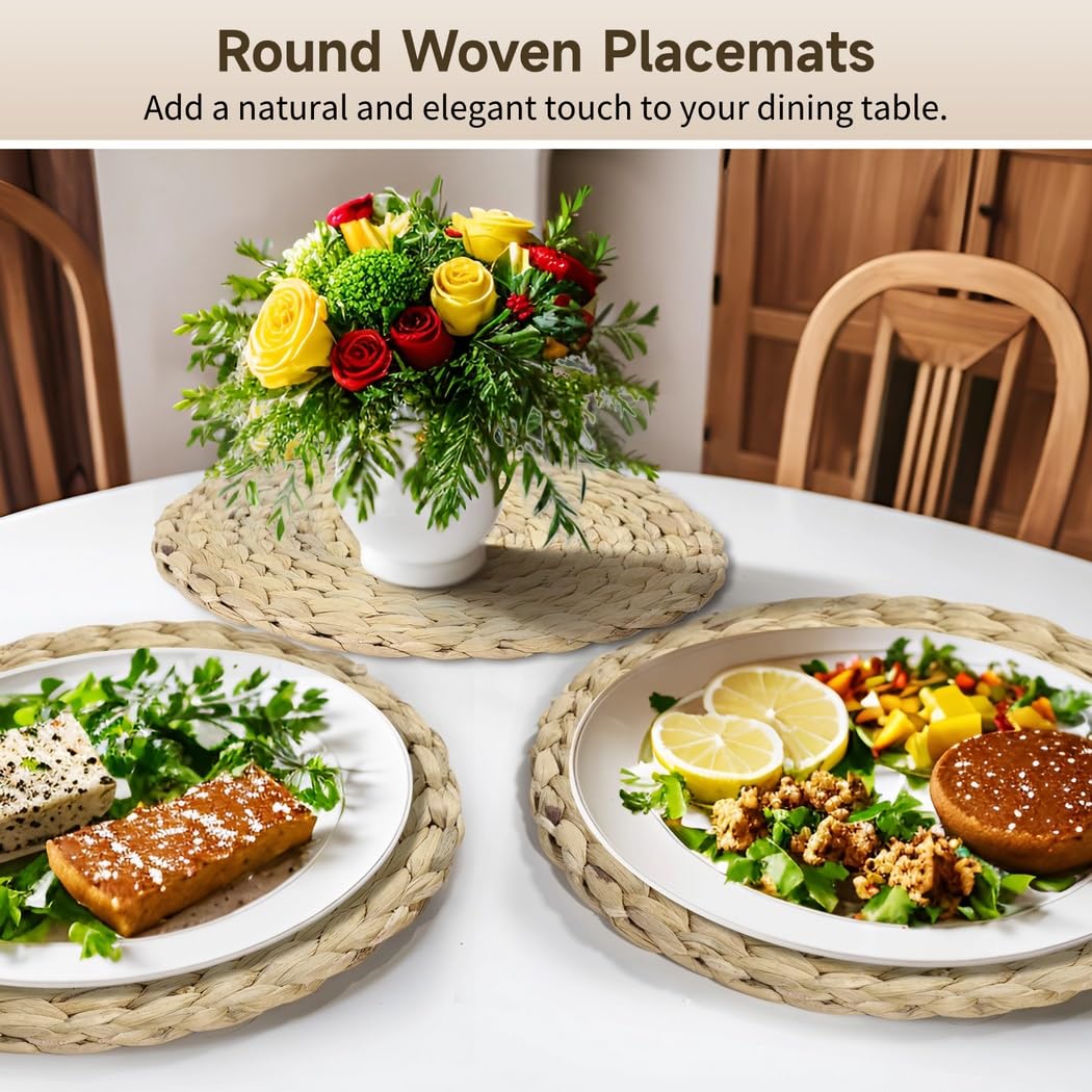 Set mit 12 runden Rattan-Tischsets, 30 cm, handgewebt, Wasserhyazinthe, hitzebeständig, rustikale Tischmatten für Küche, Esszimmer, rutschfest