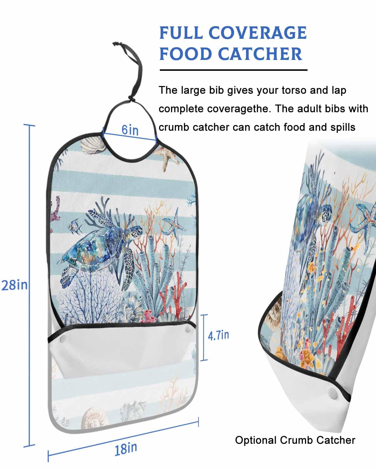 LEOKOTI Sea Turtle Coastal Adult Bibs for Eating, Waterproof Bibs with Food Catcher & Snap Closure, Summer Beach Coral Nautical Blue Striped Washable Clothing Protectors Adult Bibs for Elderly