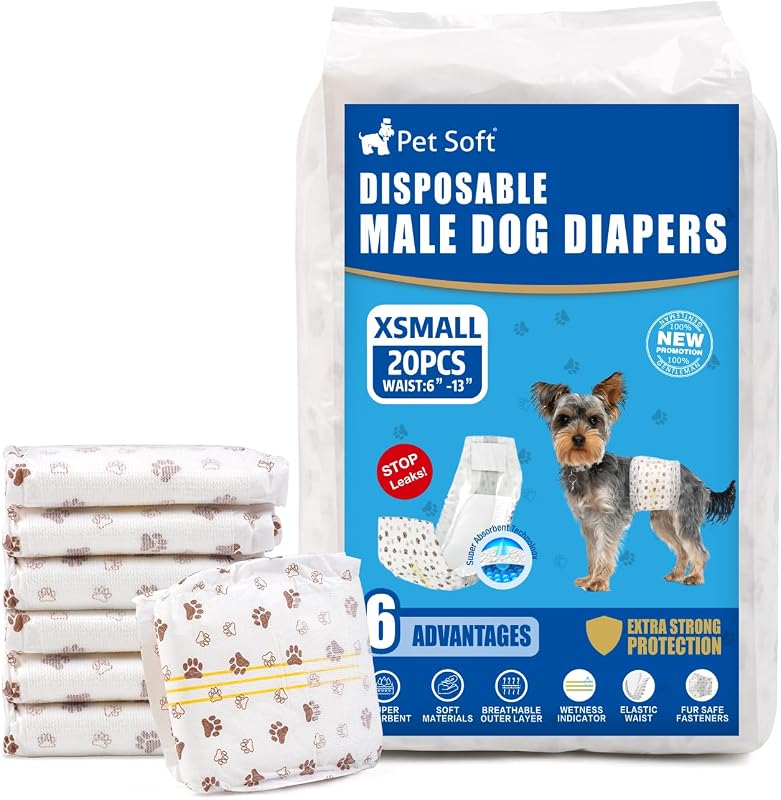 Dog Diapers Male - Disposable Male Dog Wraps Wetness Indicator, Ultra Absorbent Doggie Diapers Comfortable for Incontinence Excitable Urination, 20pcs XSmall