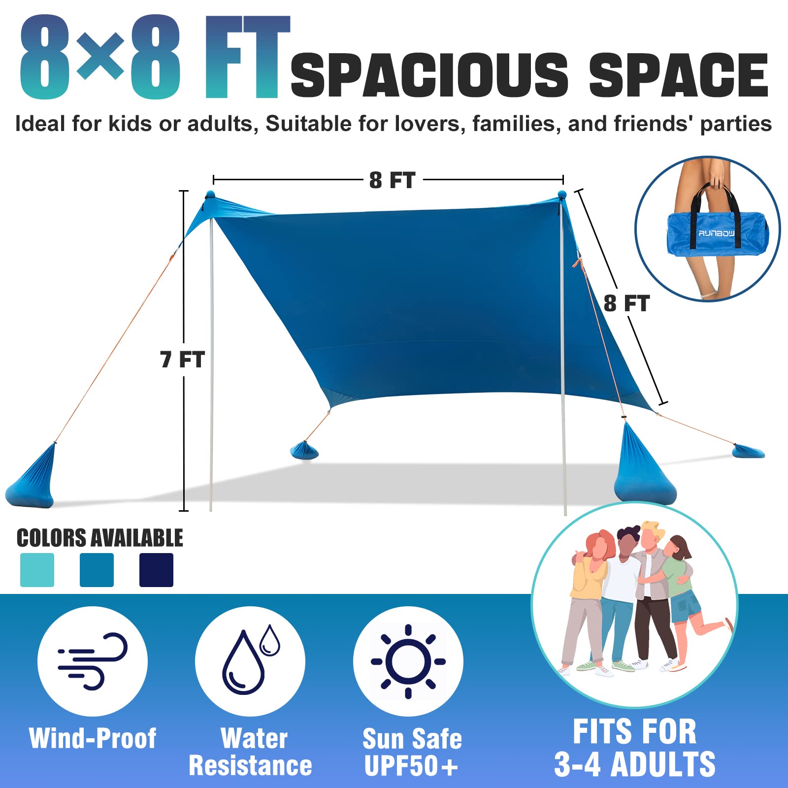 RUNBOW Beach Shade Canopy, Pop Up Sun Shade Tent with 2 Aluminum Poles, 8 X 8FT Portable Sun Shelter for Beach, Camping Trips, Fishing, Backyard or Picnics