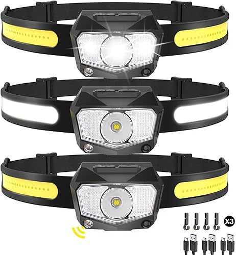 Paquete de 3 faros recargables, haz COB de 230 de ancho y 60 de luz LED súper birght con luz blanca roja, luces de cabeza de 7 modos para frente con