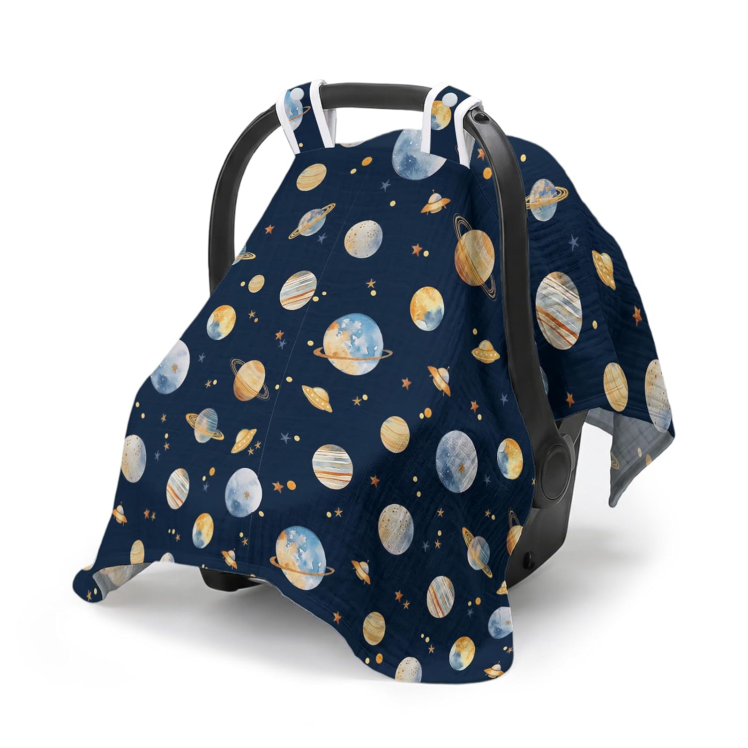 Car Seat Cover Baby Boy Girl, Breathable Muslin Cotton Baby Car Seat Cover Canopy, Carseat Covers Canopies for Summer Sunshade Babies, New Mom Gifts for Newborn Essentials Gift, Black Planet