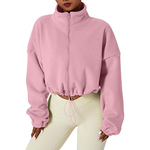 QINSEN Women's Full Zip Fleece Short Jacket Warm Winter Long Sleeve Stand Collar Sherpa Crop Coat