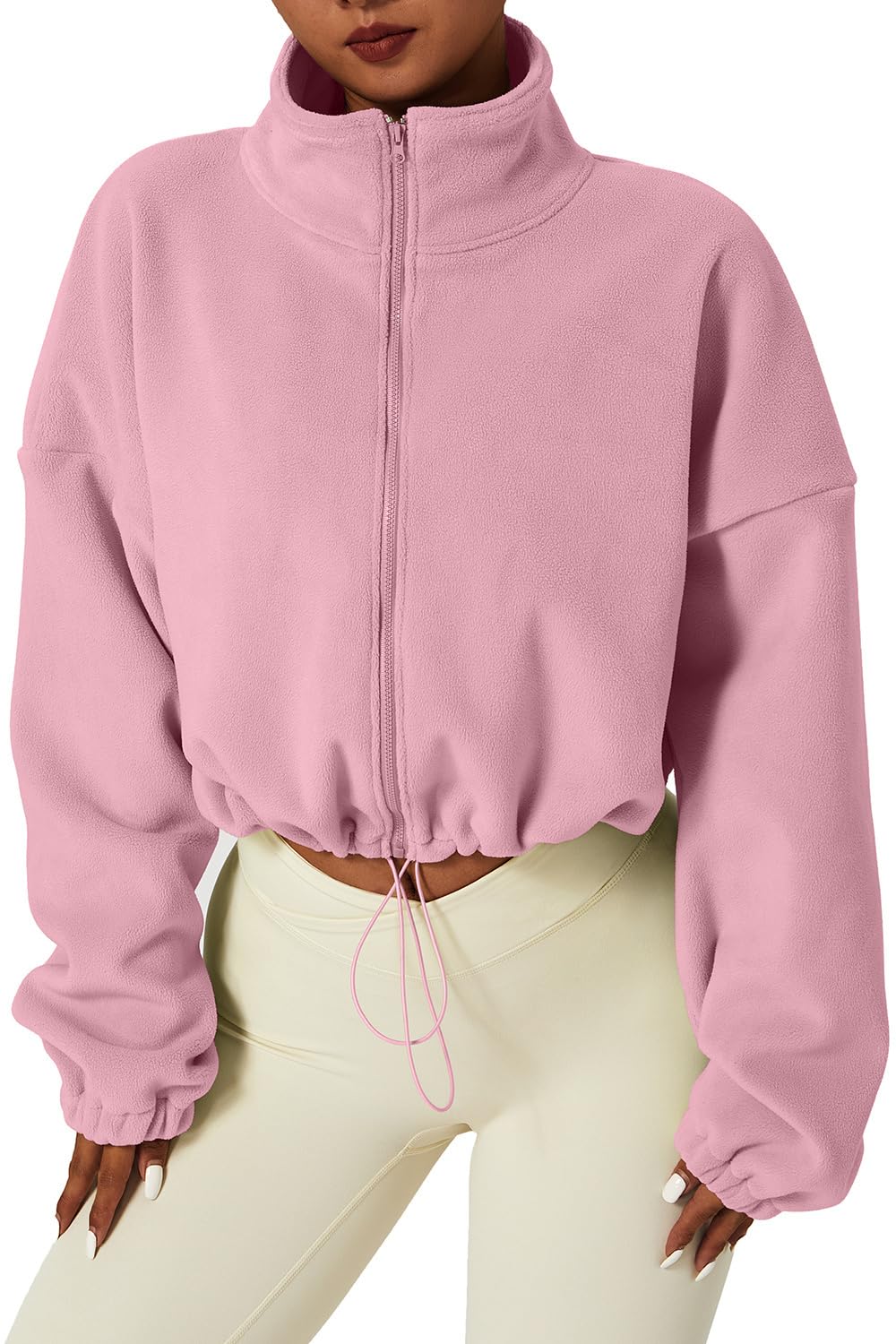 QINSEN Women's Full Zip Fleece Short Jacket Warm Winter Long Sleeve Stand Collar Sherpa Crop Coat