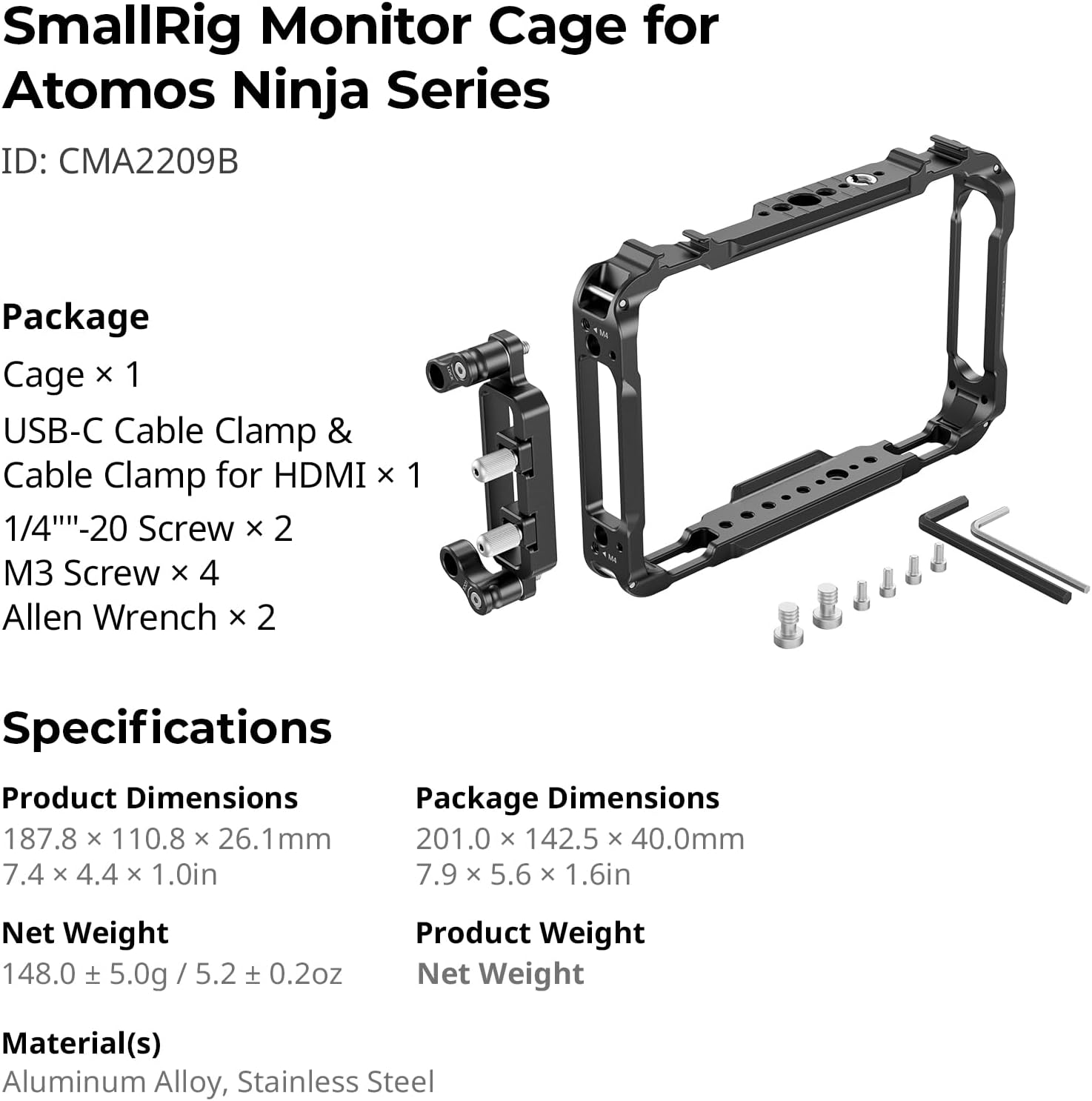 SMALLRIG Monitor Cage for Atomos Ninja V,Built-in NATO Rail and HDMI Cable Clamp Monitor Cage 2209