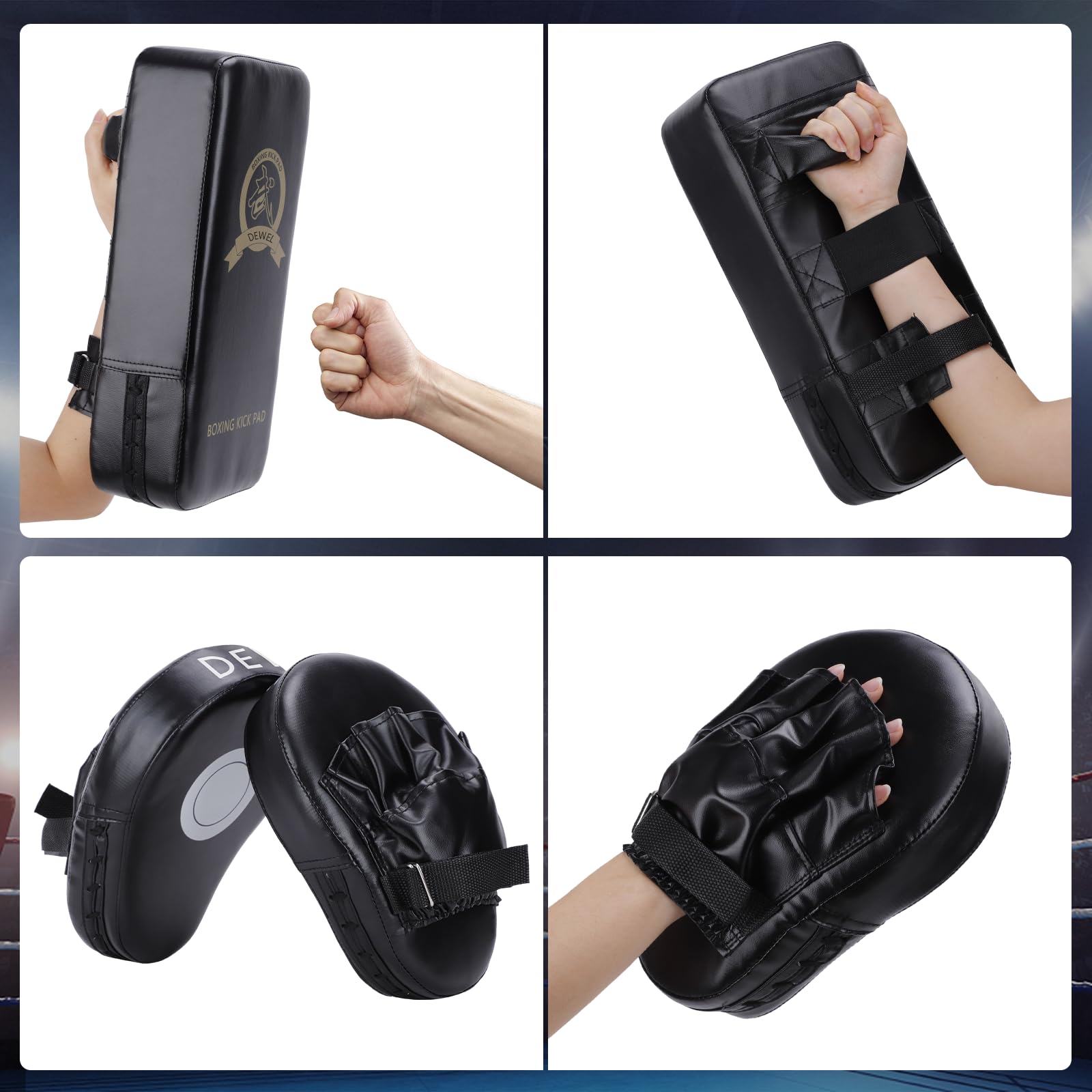 DEWEL Bouclier de Frappe en Cuir PU et 1 Paire de Pattes d'ours Boxe en Cuir pour MMA Entraînement, Arts Martiaux, Taekwondo, Sports de Combat