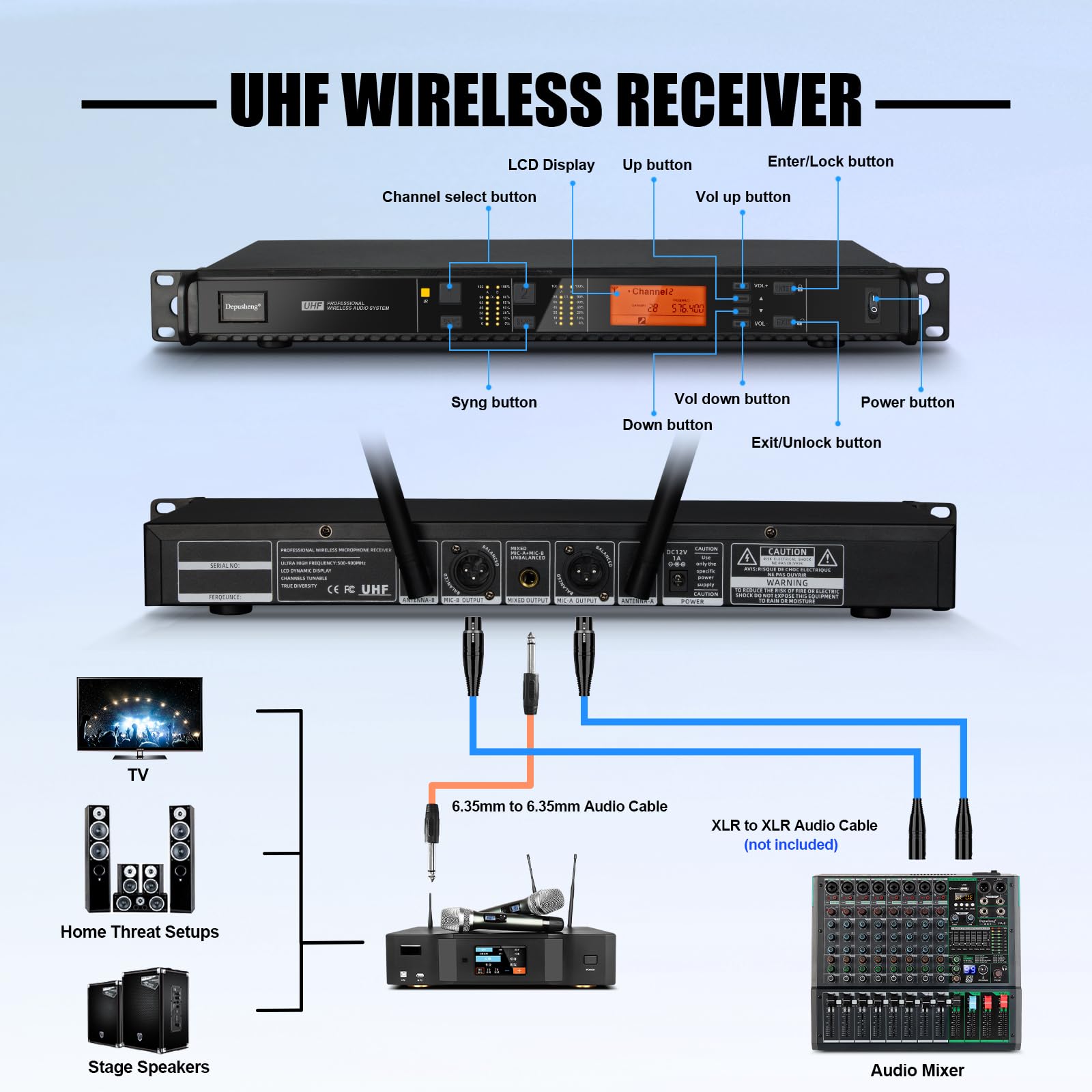 Depusheng T118 - Microfono wireless professionale con 2 microfoni portatili, portata 80 m, microfoni per proformance, karaoke, feste, chiesa, canto