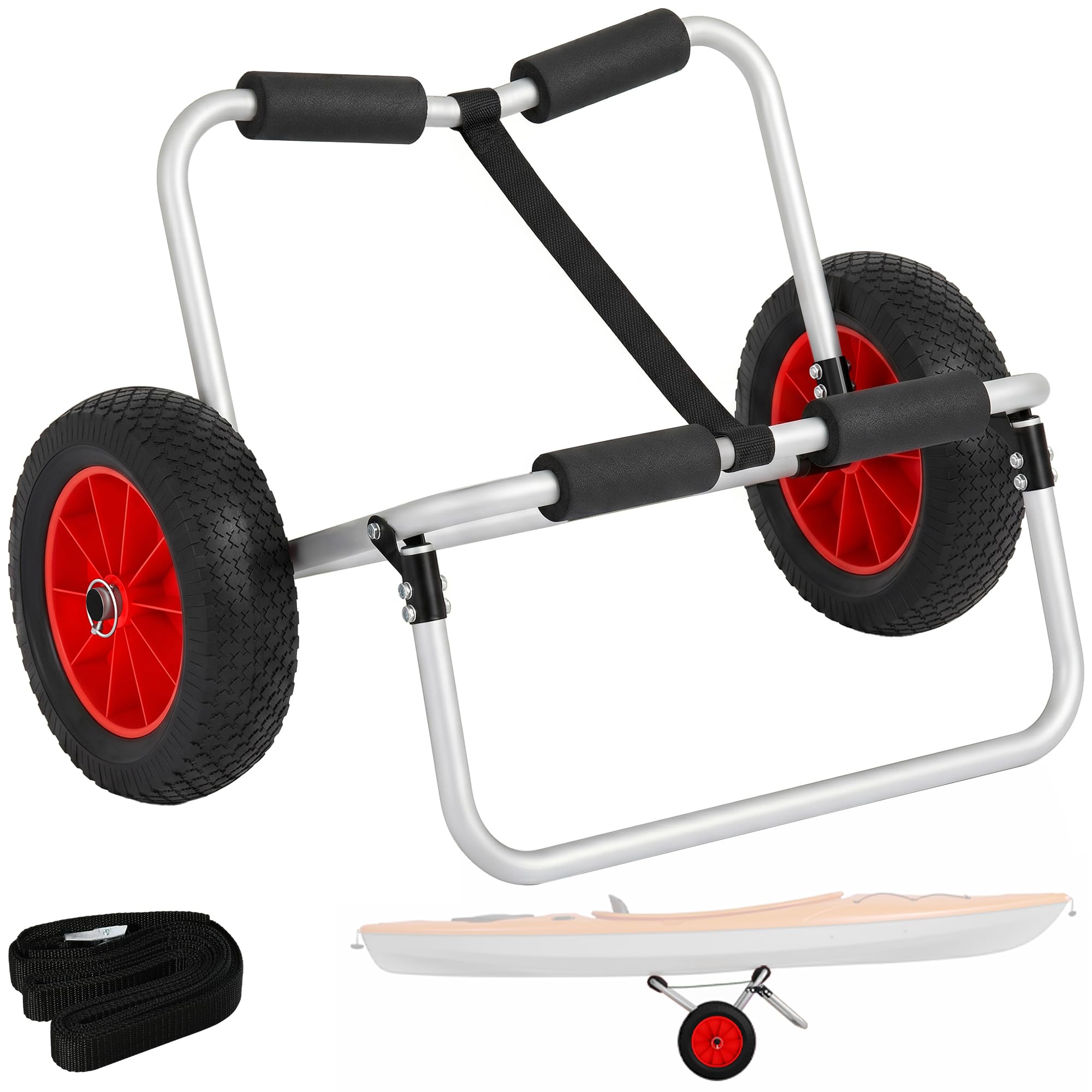 HOMCOM Chariot de transport trolley pour kayak, stand-up paddle, canoë avec sangle, grandes roues et cadre en aluminium dim. 70L x 40L x 42H cm noir et rouge