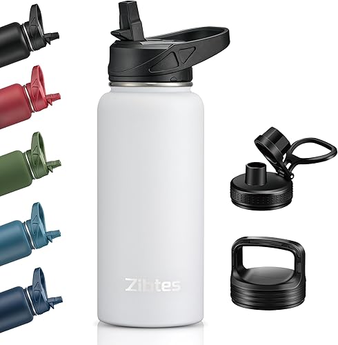 Zibtes Botella de agua aislada de 32 onzas con popote, 3 tapas (tapa abatible, boquilla y asa), botella de agua deportiva de acero inoxidable a
