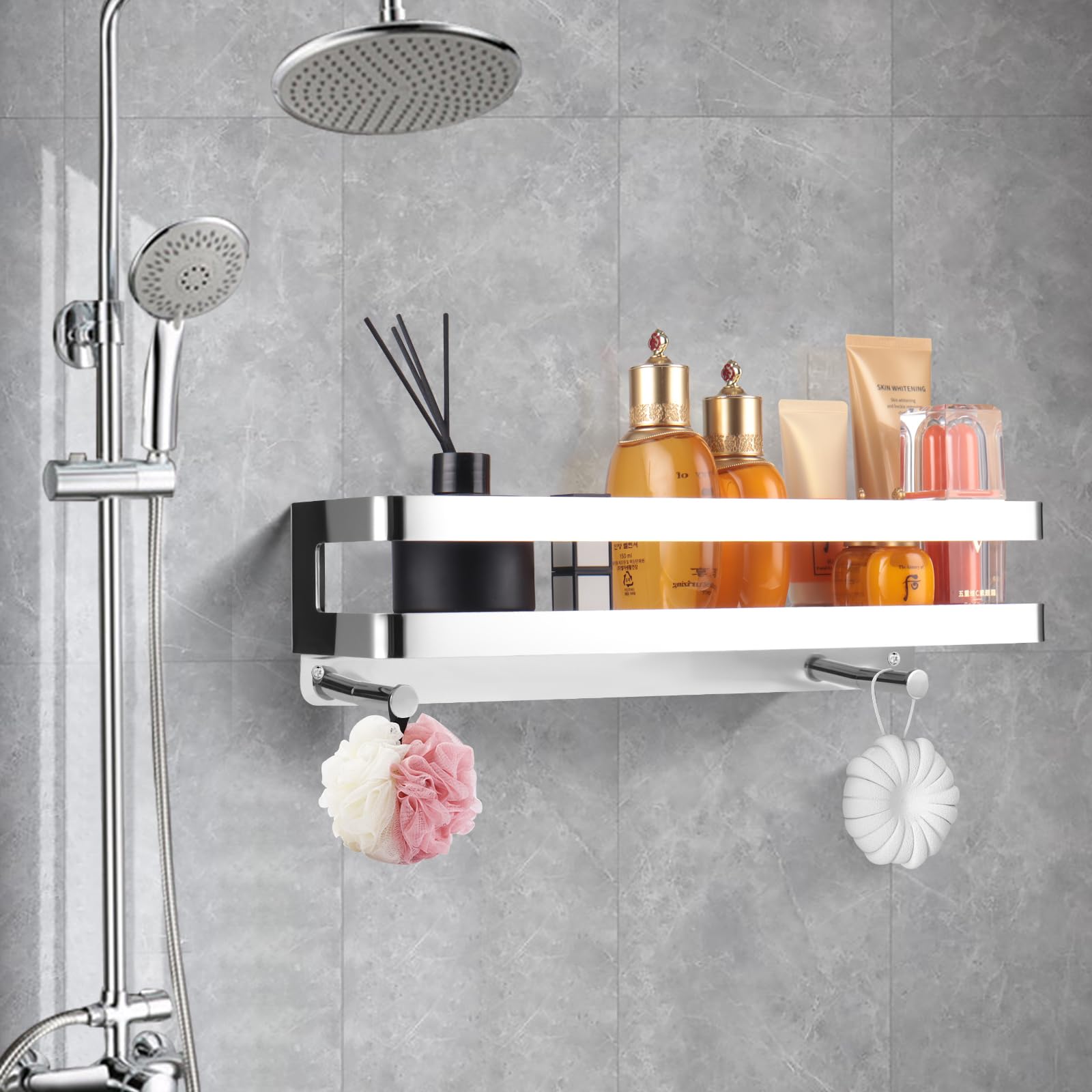 Estanteria Baño,Estante Ducha Acero Inoxidable, Organizador Ducha con Ganchos (Plata) (40cm)