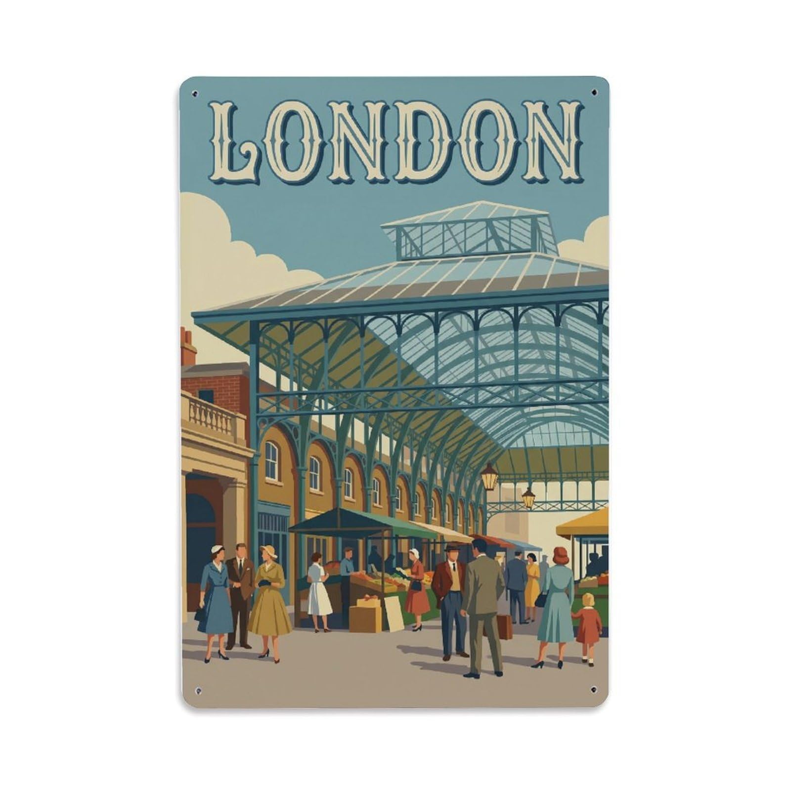 Vintage Travel London Covent Garden Market Clean England Metal Tin Sign Plaque Wall Decor for Cafe, Club Bar, Office, Home Garden Metal Poster 8x12Inch