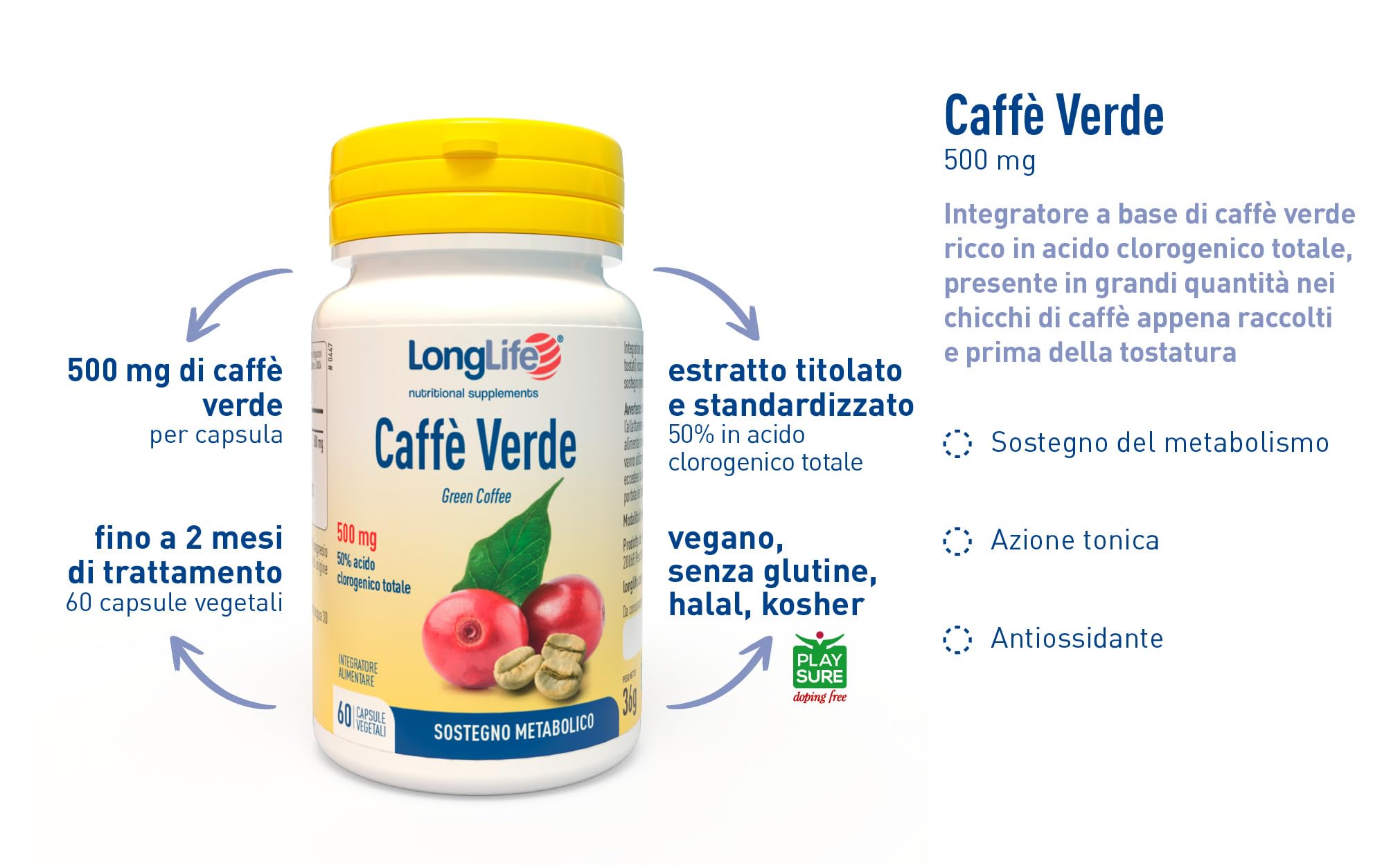 LongLife® Caffè Verde | Estratto titolato al 50% in Acido Clorogenico | Sostegno metabolico | Azione tonica e antiossidante | Fino a 2 mesi di trattamento | Vegano e Senza glutine