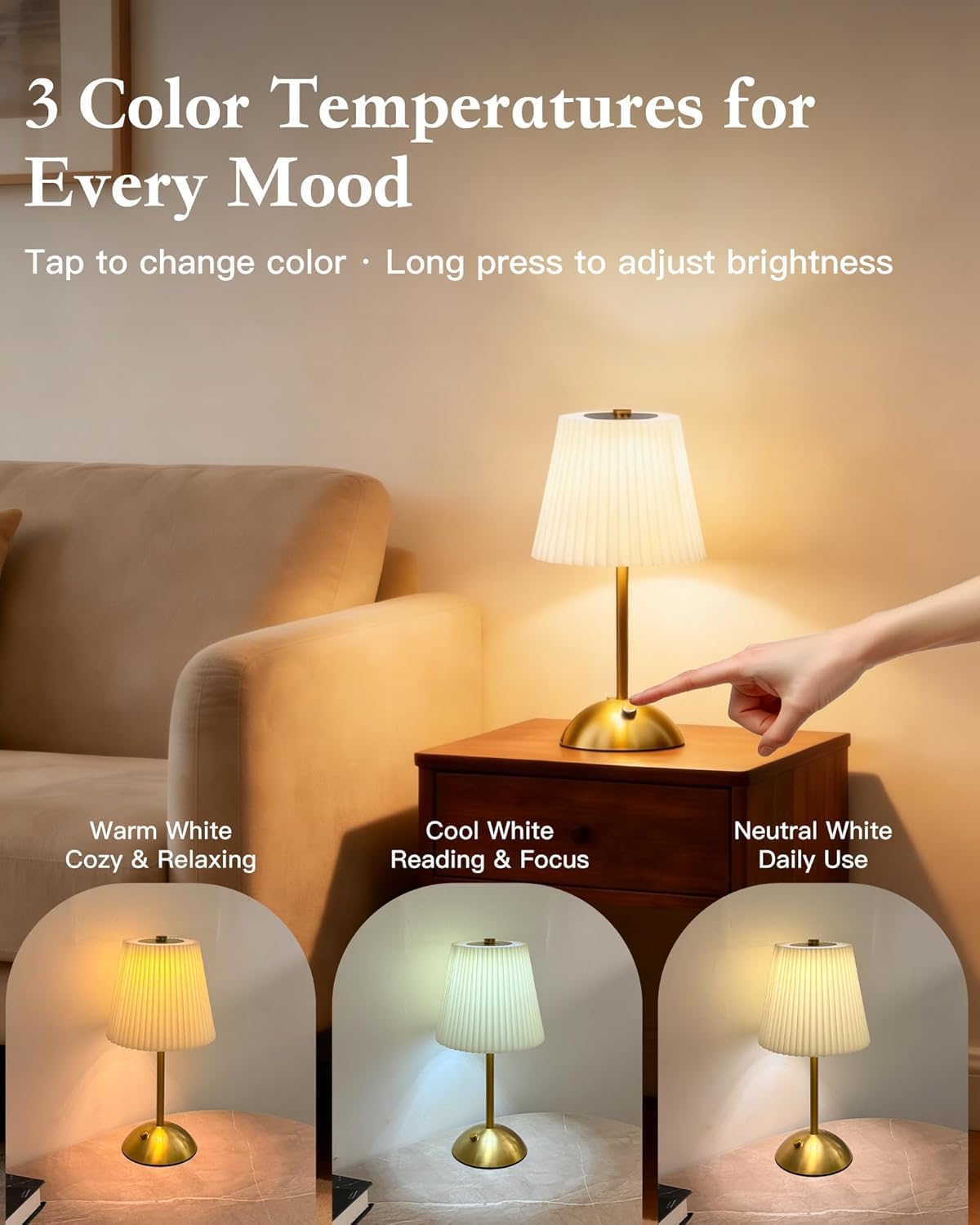 Cordless Table Lamp, 2000mAh Rechargeable, Touch Control with 3 Color Modes & Stepless Dimming, Up to 70H Bedside Lamp for Bedroom, Patio (Gold)
