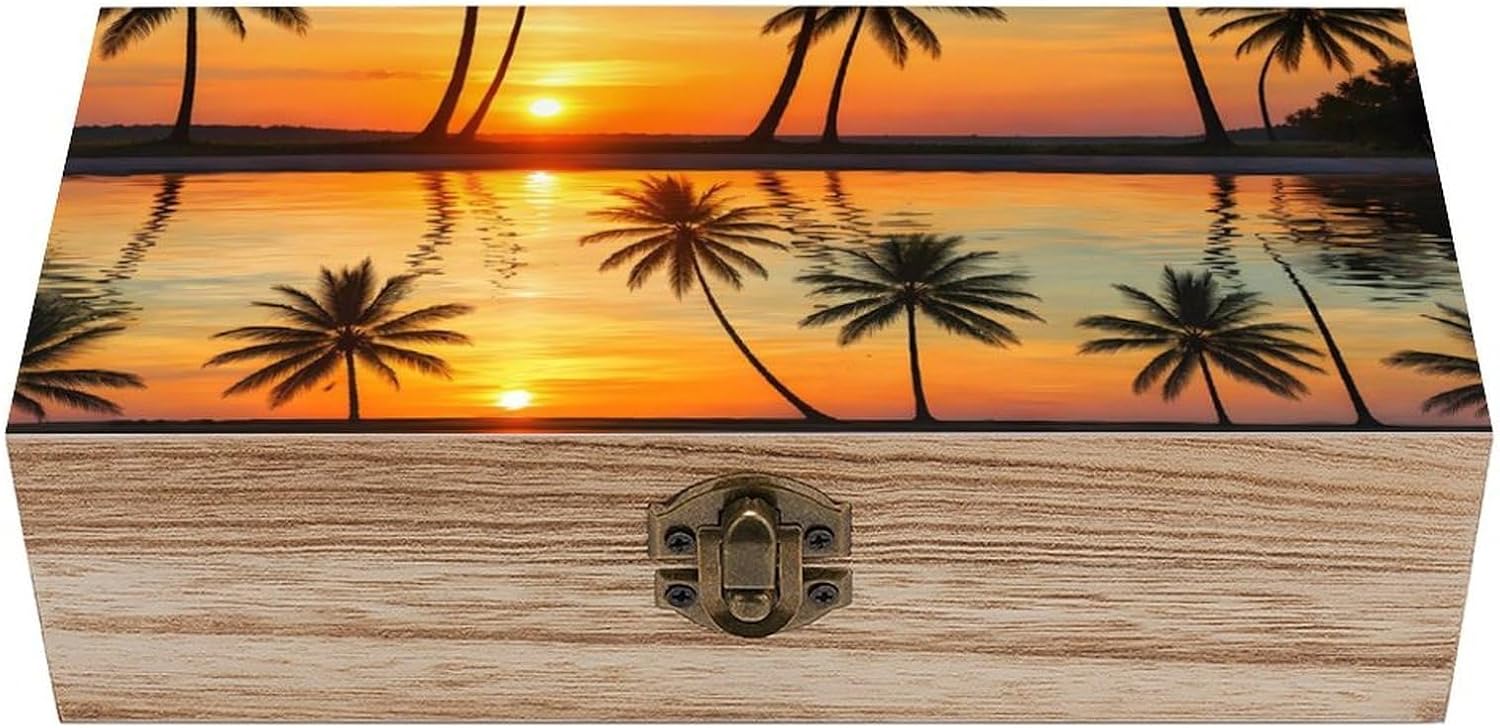 Sunset Palm Trees Tropical Beach Wooden Storage Box