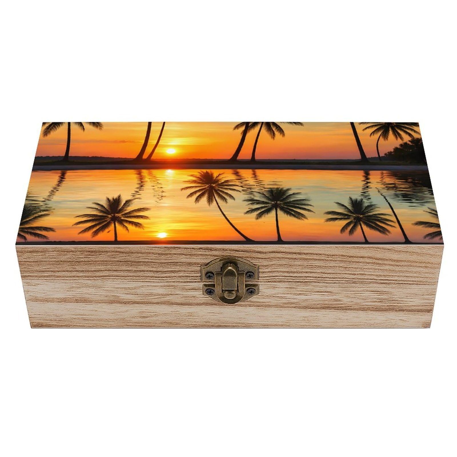 HLBSDM Sunset Palm Trees Tropical Beach Wooden Storage Box