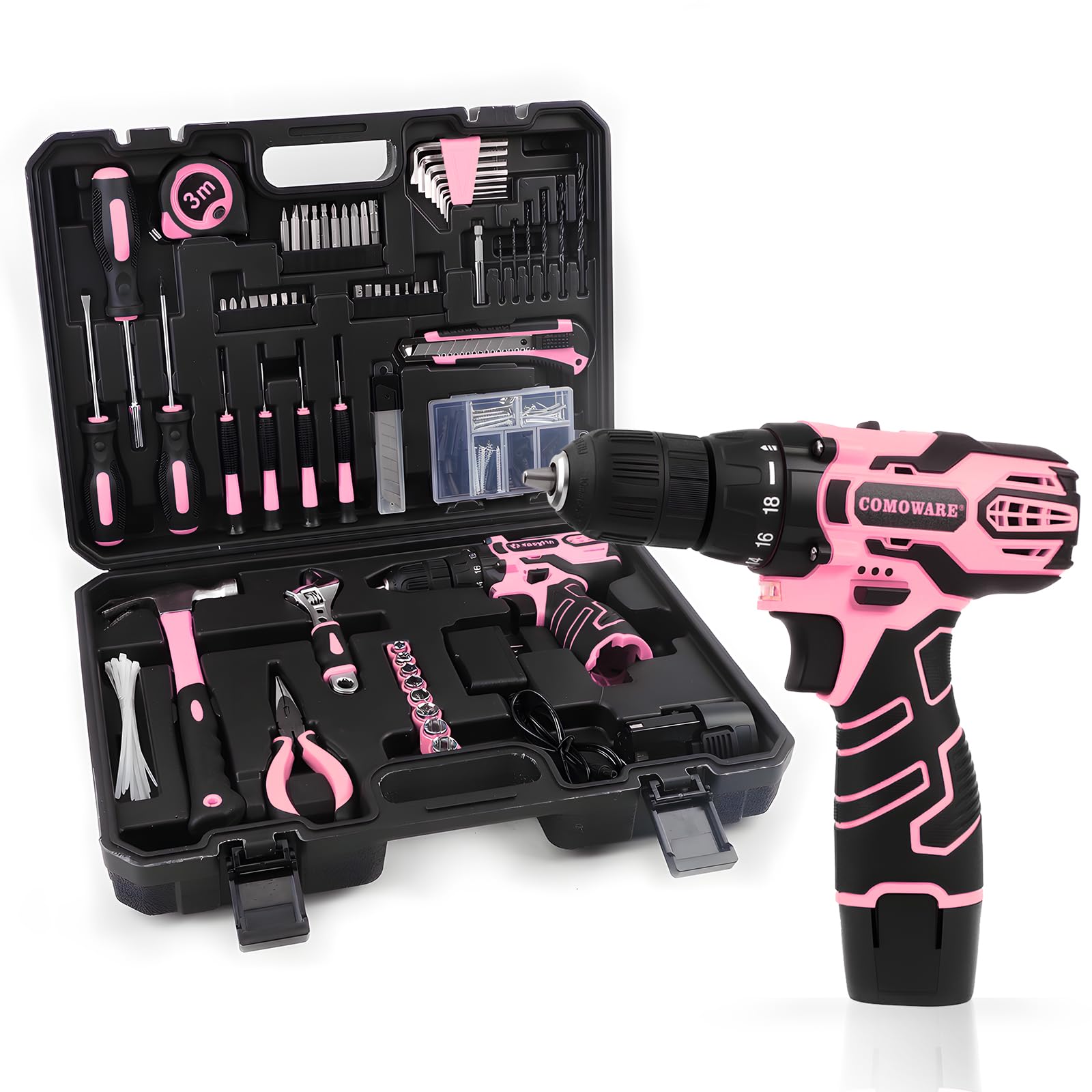 COMOWARE Pink Household Tool Set with 12V Cordless Drill Driver, Hand Tool Kit for Women, Power Drill Set with Plastic Toolbox, Ideal for Office,