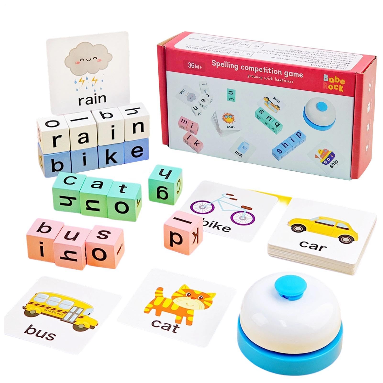 Word Spelling Game, Wooden Turn A Word Tots Game, Alphabet Puzzle Set with Flash Cards, Portable Competitive Alphabet Learning Toys for Kids