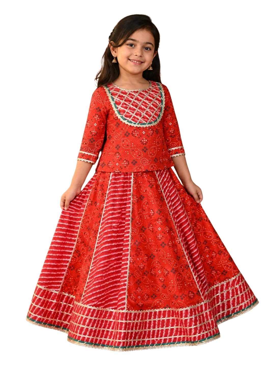 superminis Girls Cotton Floral Print 3/4 Sleeve Flared Lehenga Choli with Dupatta Set