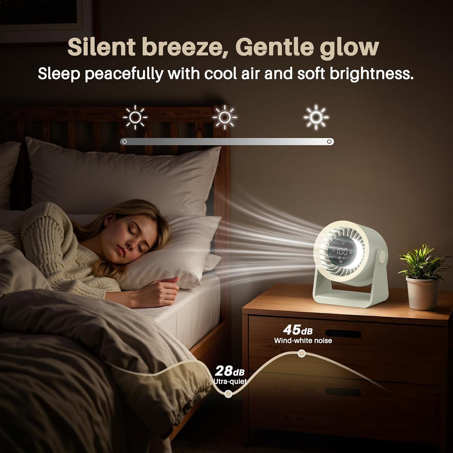 Ausic Powerful Desk Fan Rechargeable Battery Powered, 15200mAh Small Turbo Bedside Fans for Cooling and Sleep, Personal USB Fans With LED Light, Digital Display, 105° Tilt, 0-100% Speed