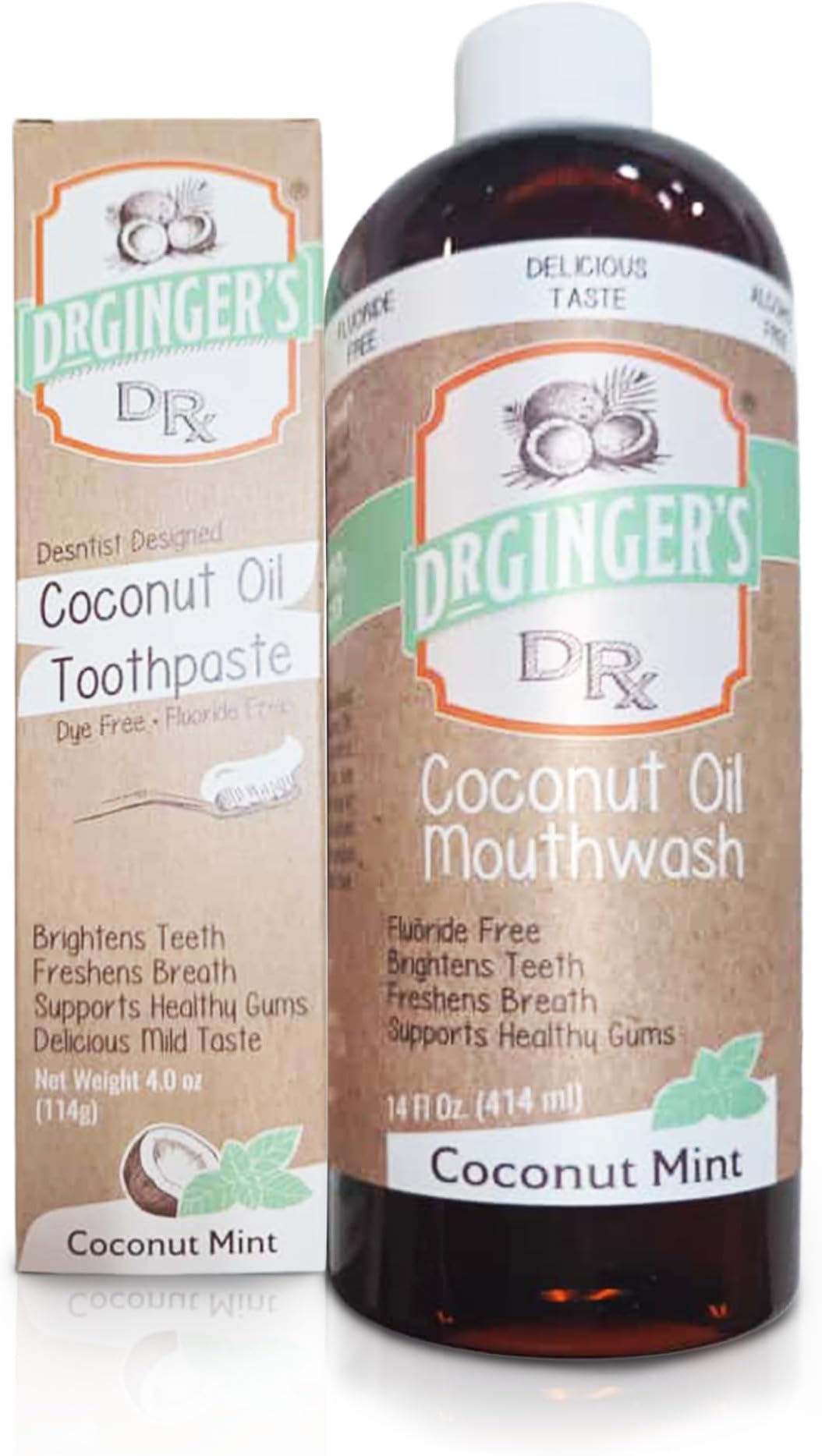 Dr. Ginger's Coconut Oil Care 2pc Bundle, All-Natural Toothpaste (4oz) & Mouthwash (14fl oz) for Fresh Breath, Gum Health, Brightening, & Plaque Prevention, Ultimate Oral Care, Coconut Mint Flavor