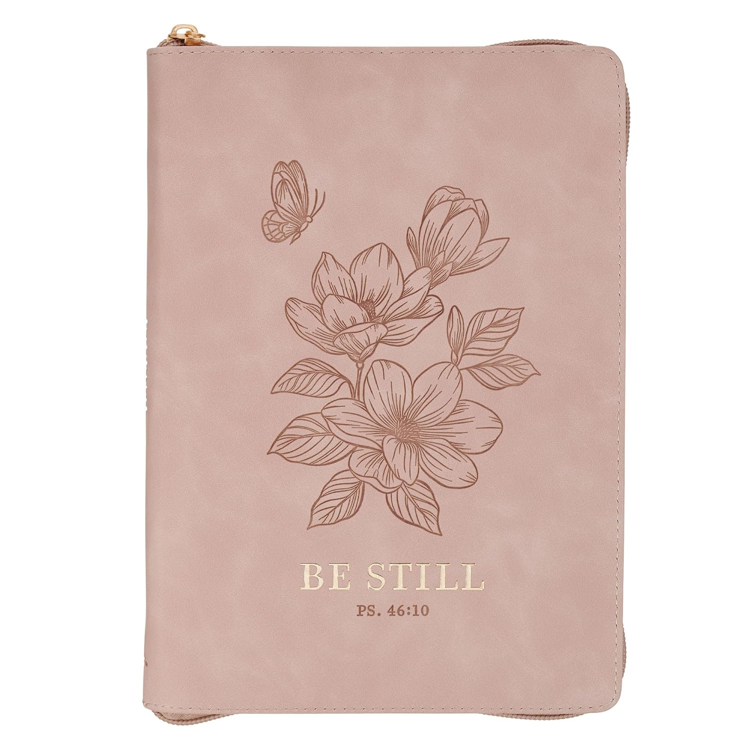Christian Art Gifts Inspirational Zippered Journal, Be Still Wide Ruled Notebook, Psalm 46:10 Bible Verse, Pink Vegan Leather, 336 Lined Pages w/scripture, (9” x 6.4” x .9”)