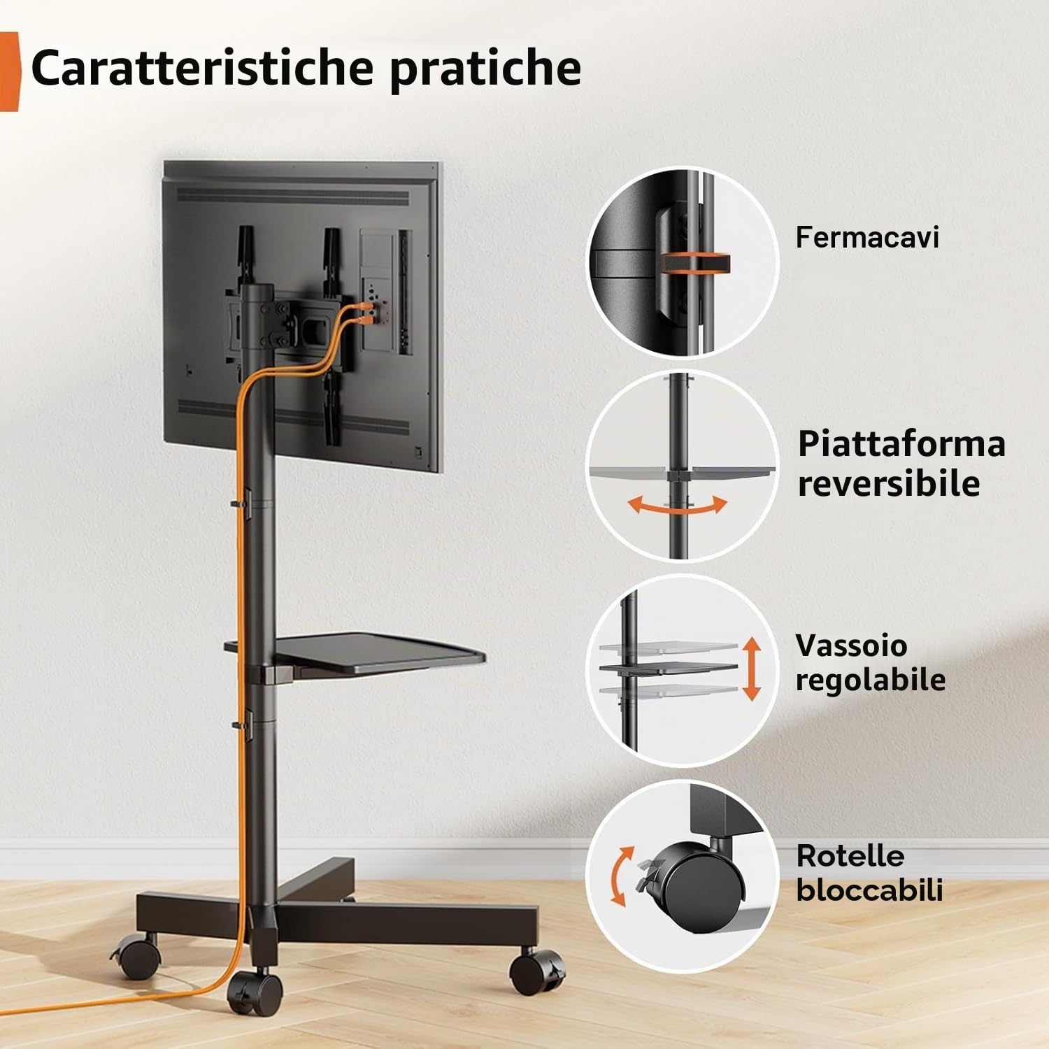 PERLEGEAR Supporto TV da Pavimento con Ruote per Schermi Plasma/LCD/LED 23-60 Pollici, Inclinabile Porta TV da Terra Mobile con Ripiano Multimediale, Supporto TV Fino a 25 kg, Max VESA 400 x 400 mm