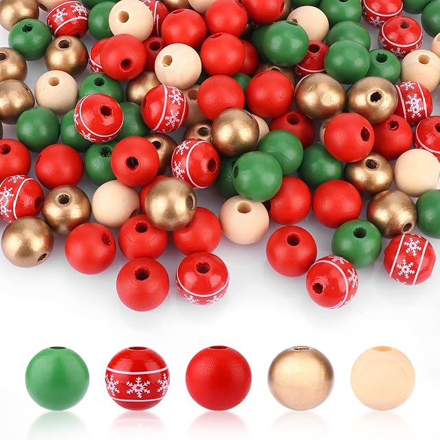 200pcs Christmas Wood Beads for Crafts, 16mm Colored Wooden Beads with 10m Hemp Rope Unfinished Wood Round with Beads Christmas Beads for Crafts Ornaments Christmas Garland
