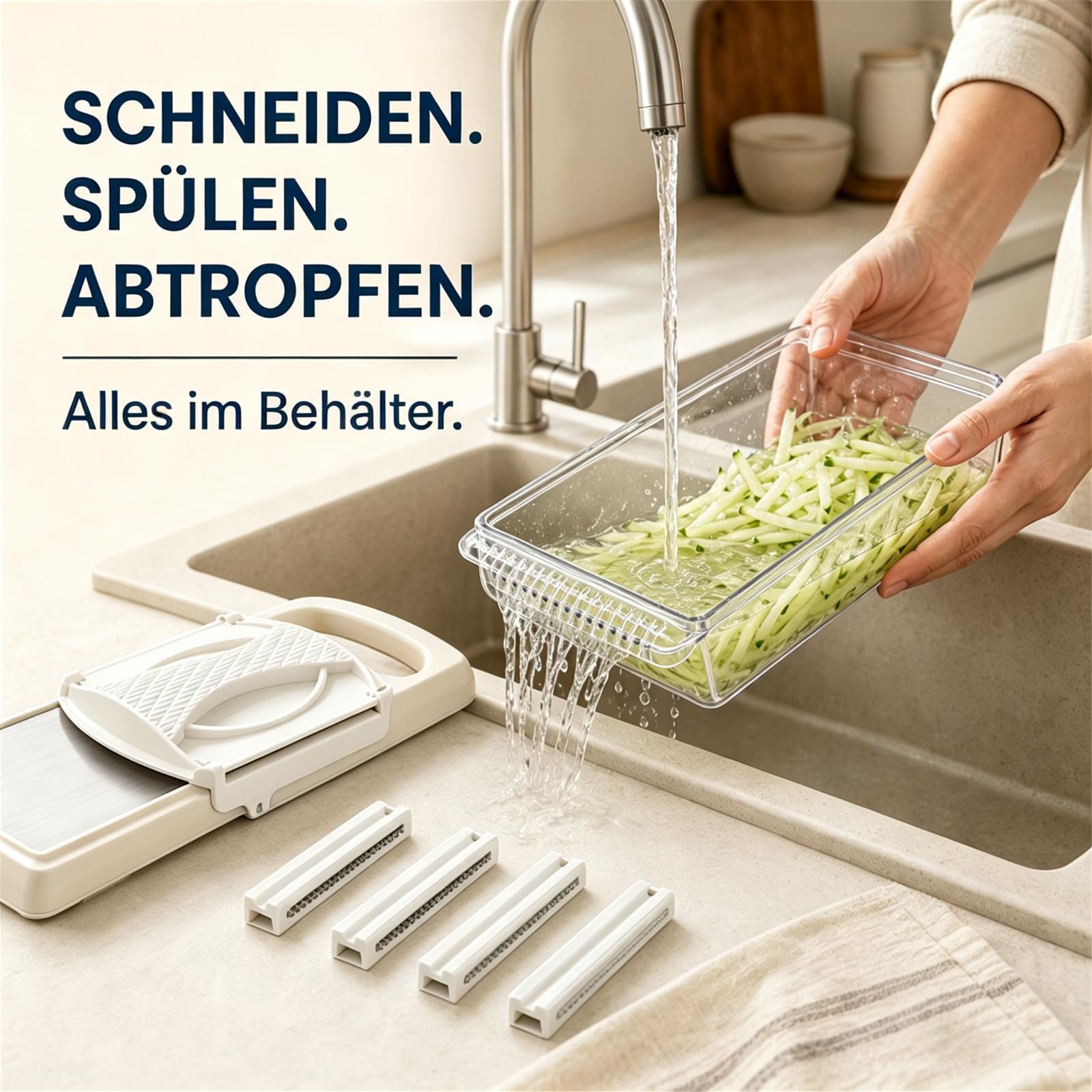 Mandoline Gemüsehobel mit Behälter, 4 Einsätze für Gemüse, Cremeweiß