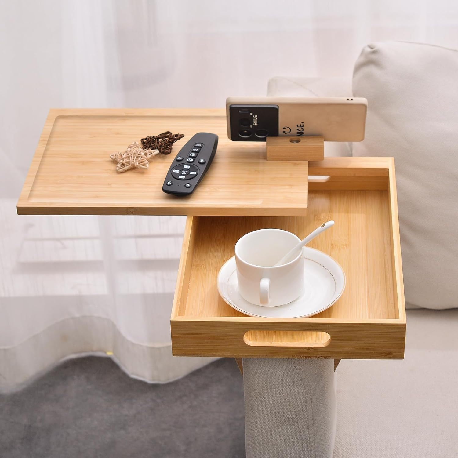 Sofa Arm Tray,Couch Arm Table,Two-Tier Clip On Tray Sofa Table with 360° Rotating Tabletop and Mobile Phone Stand,for Eating and Drinking,Storage,35 * 24 * 16cm