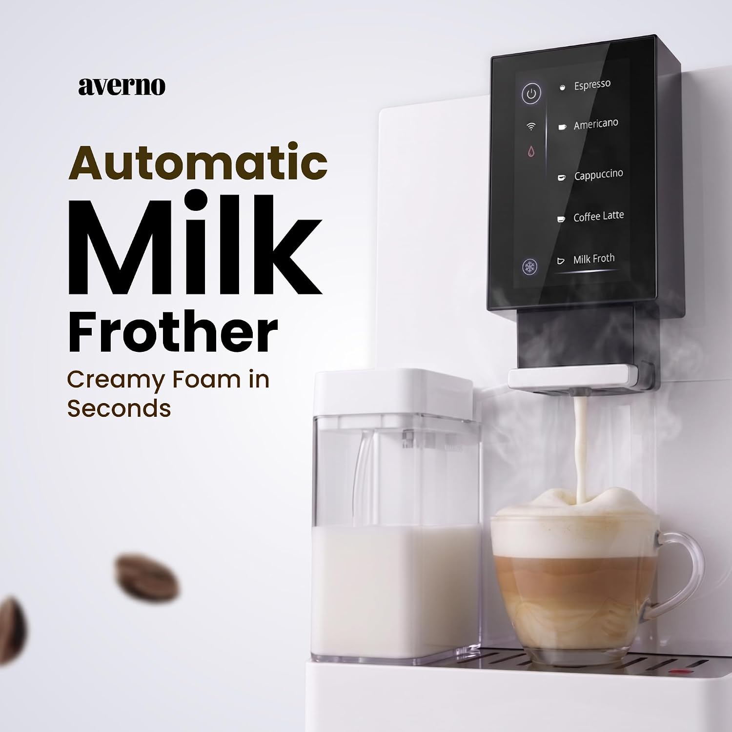 Averno Fully Automatic Espresso Machine with Grinder & Milk Frother, Bean to Cup Coffee Maker for Espresso, Cappuccino & Latte, Stainless Steel Brewing Unit