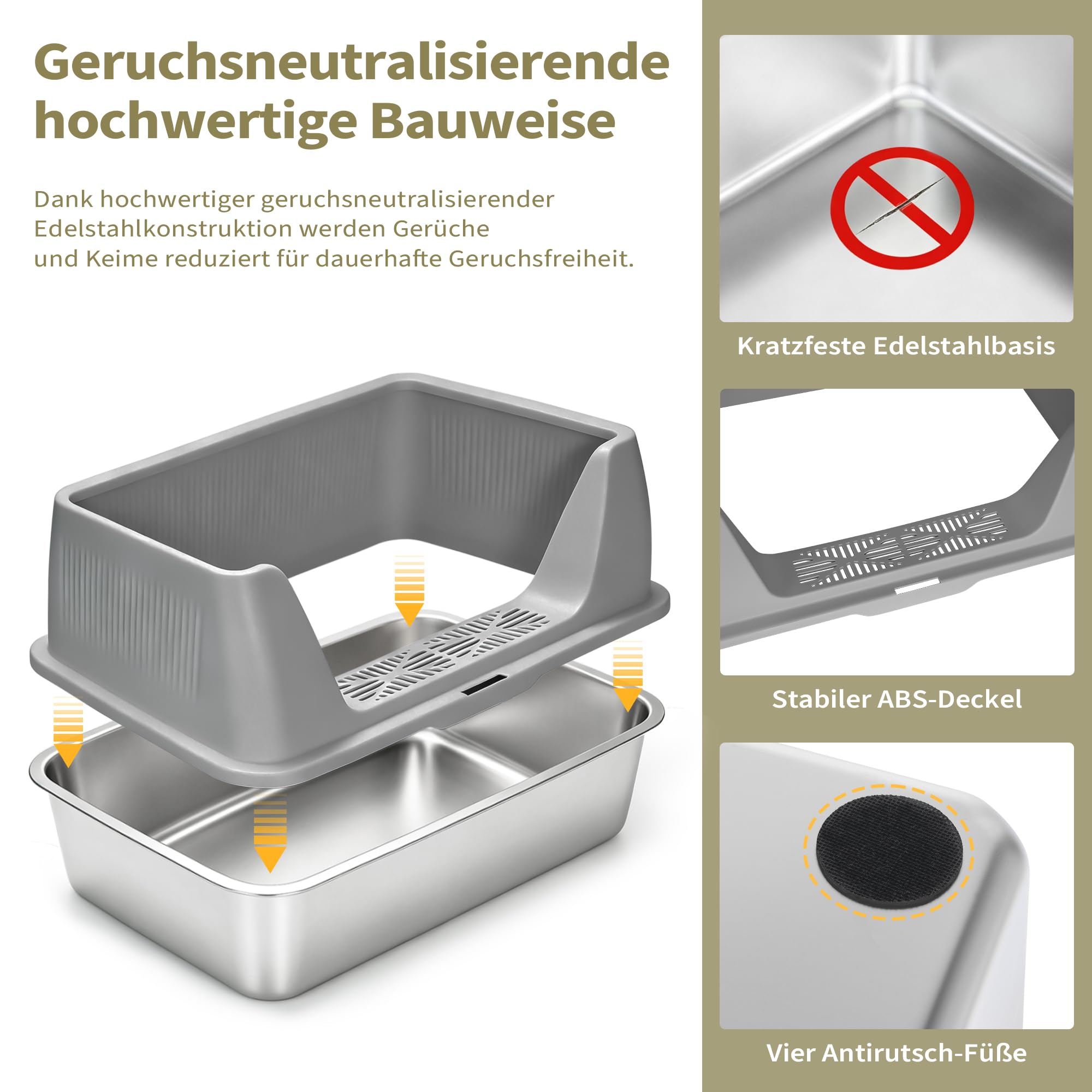 Katzenklo Edelstahl XXXL mit DIY-Aufkleber (60x40x30cm), 37L Katzentoilette Edelstahl mit Deckel, Große Kapazität, Auslaufsicher&Spritzsicher, einfacher EIN- und Ausstieg, Einfach zu Reinigen