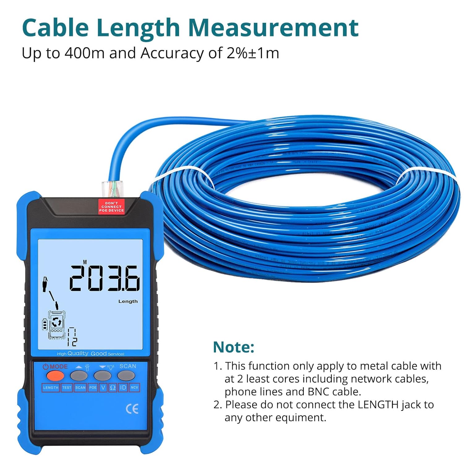 Network Cable Tester with NCV, Poe Cable Tracker Ethernet Cable Finder for Cable CAT5 CAT5e CAT6 Cat7 Cat8 Wire Tracker Test Fault Distance Location and Length Measurement for Telephone Line