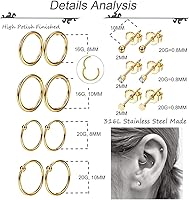 Vista 5 de 10 pares de aretes de acero inoxidable para cartílago, para hombres y mujeres
