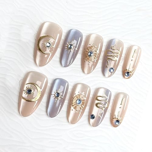 30Pcs Gold Star Press on Nails Medium Almond Fake Nails with 3D Blue Rhinestones Designs Glue on Nails Cute Moon Acrylic Nails Gold Snake French False Nails Bohemian Style Stick on Nails for Women - Star Moon Nails-6