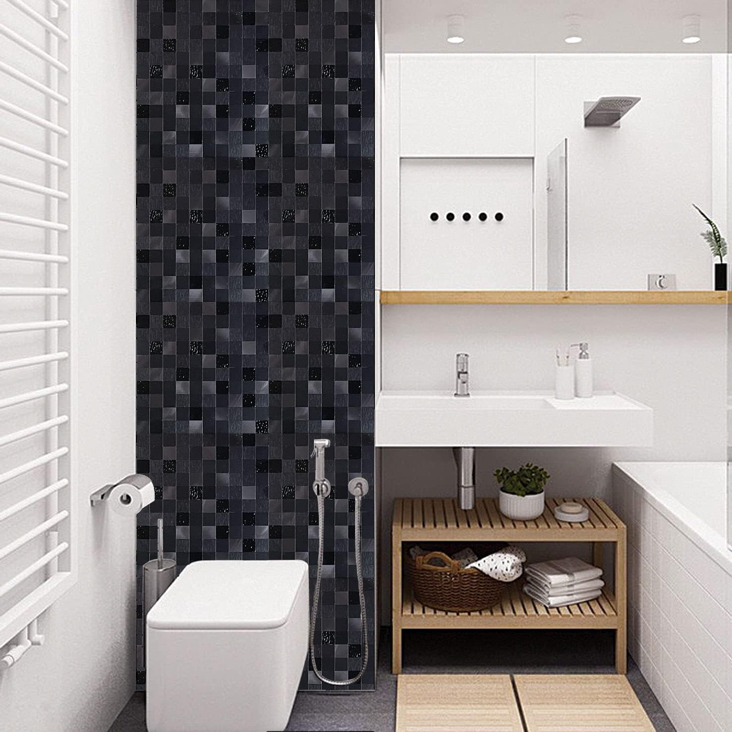 YMMXGE 10-Sheet Peel and Stick Backsplash for Kitchen， Metal Aluminum Mosaic Self Adhesive 3D Wall Sticker Panel 11.81"x11.81"x0.15", 4.8 sq.ft (10, Black)