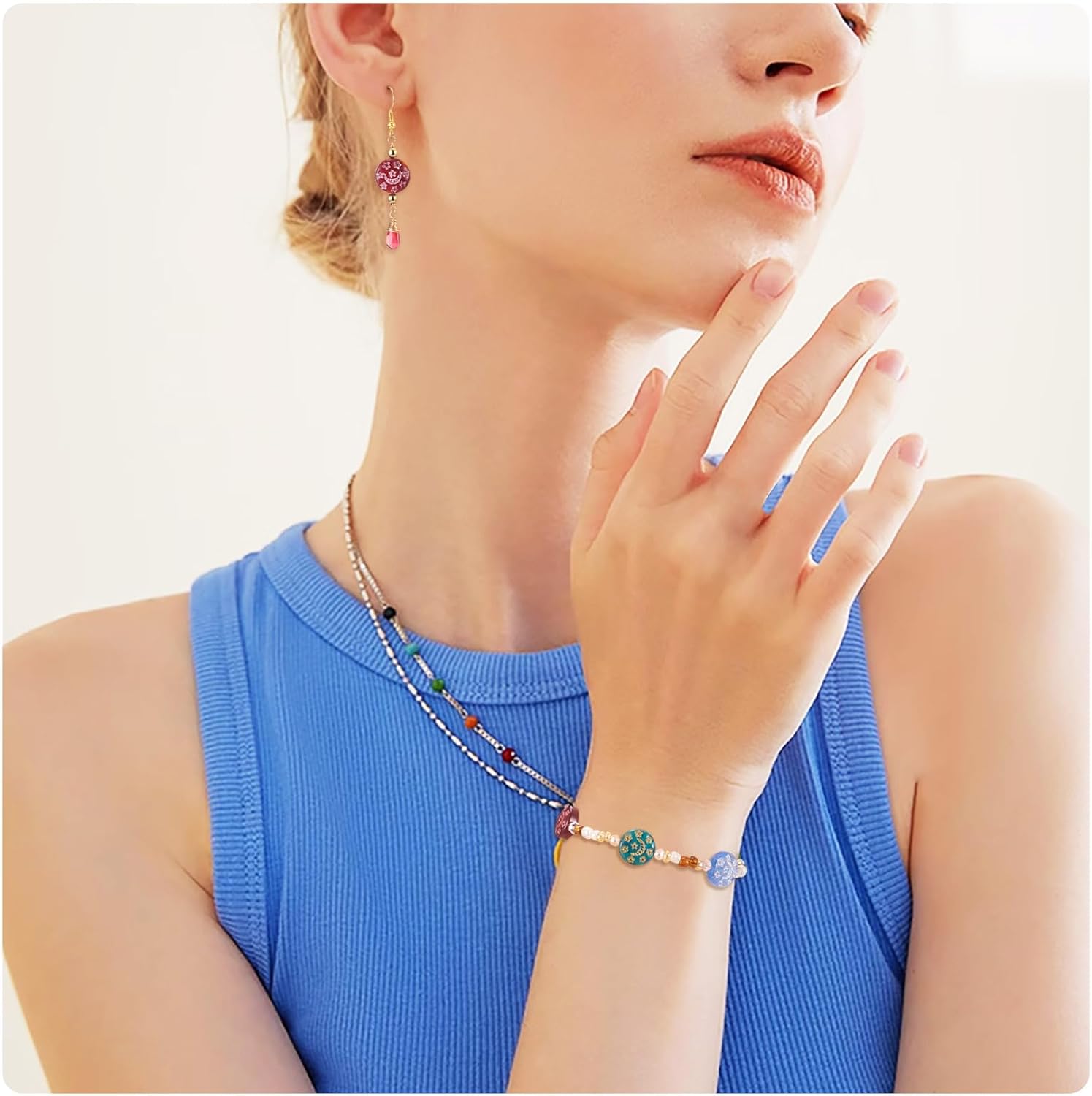 20Pcs 13 mm Flat Round Spacer Beads with Moon Star Pattern Colorful Celestial Moon Star Lampwork Glass Disc Beads Circle Round Loose Beads for DIY Crafts Bracelets Earrings Necklaces Making - Image 6