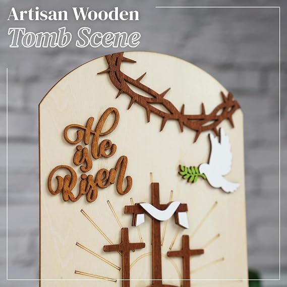 He Is Risen Decor Wooden, Easter Resurrection Scene Empty Tomb, Christian Table Decorations Indoor, Catholic Cross Jesus Religious Easter Gifts Decor For Tiered Tray, Home, Church, Office, Shelf, Desk