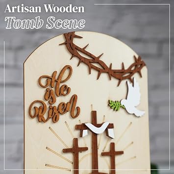 He Is Risen Decor Wooden, Easter Resurrection Scene Empty Tomb, Christian Table Decorations Indoor, Catholic Cross Jesus Religious Easter Gifts Decor For Tiered Tray, Home, Church, Office, Shelf, Desk