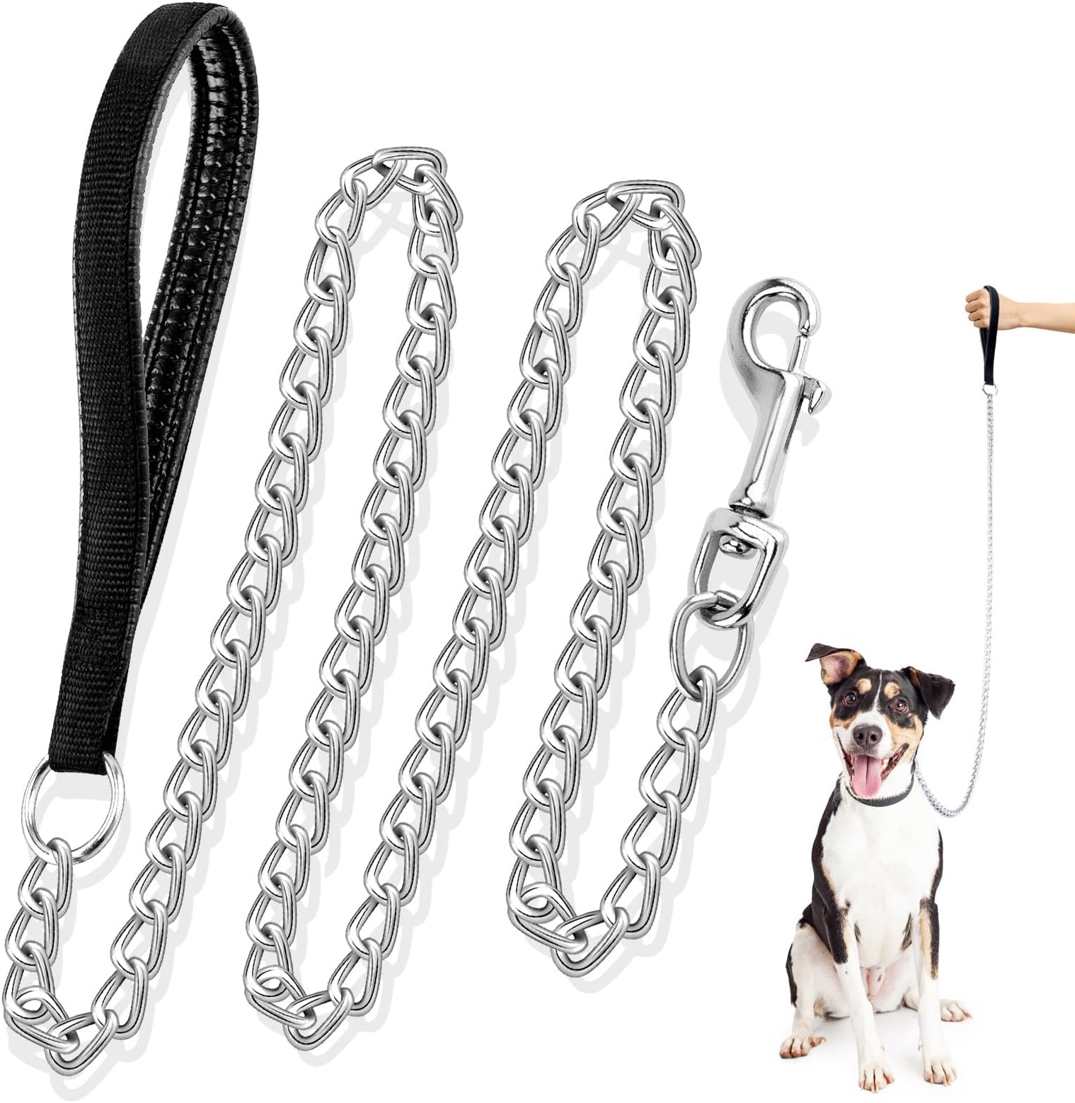 CtopoGo Premium Chain Heavy Duty Dog Leash Soft Padded Leather Handle