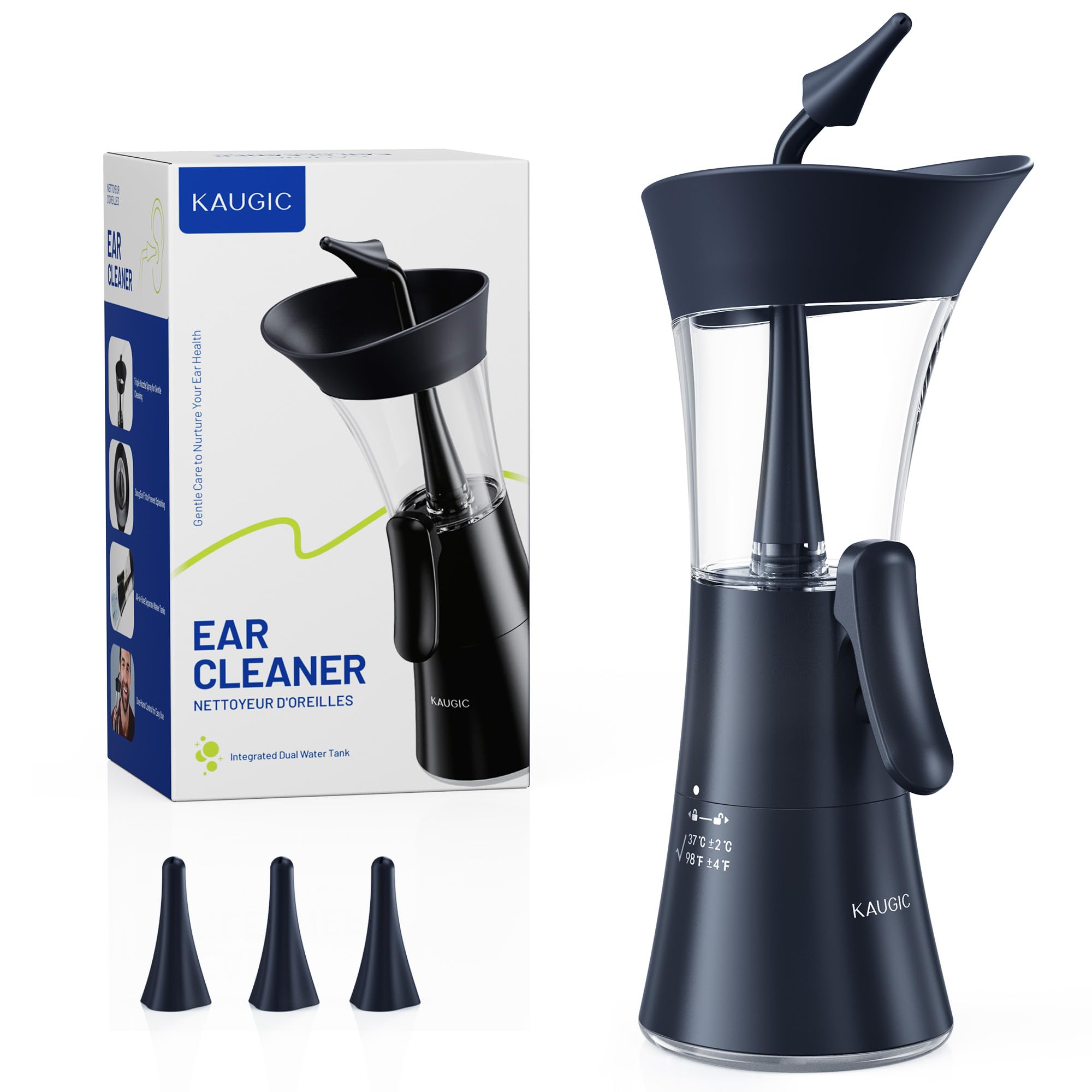 KAUGIC Manuelles Ohrpflege-Set mit 4 Silikonaufsätzen, Integrierter Wassertank für tägliche äußere Ohrhygiene, blaugrau