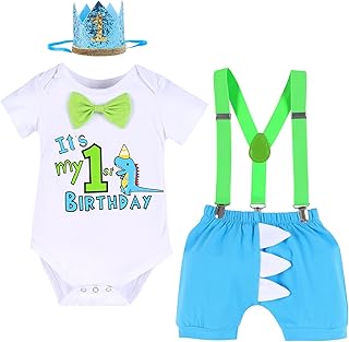 IBAKOM Baby,Clothing,Baby Boys 0-24m,Outfits & Clothing Sets Baby Boy 1st Birthday Cake Smash Outfit Dinosaur Safari Clothing Photoshoot Costume Short Sleeve Romper + Shorts + Suspenders + Headband 4pcs Clothing Sets