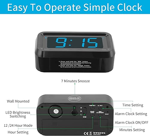 Miniatura 6 de KWANWA Reloj despertador, reloj digital, pantalla LED de dígitos azules constantemente de 1.2 pulgadas, funciona con pilas, repetición, reloj de