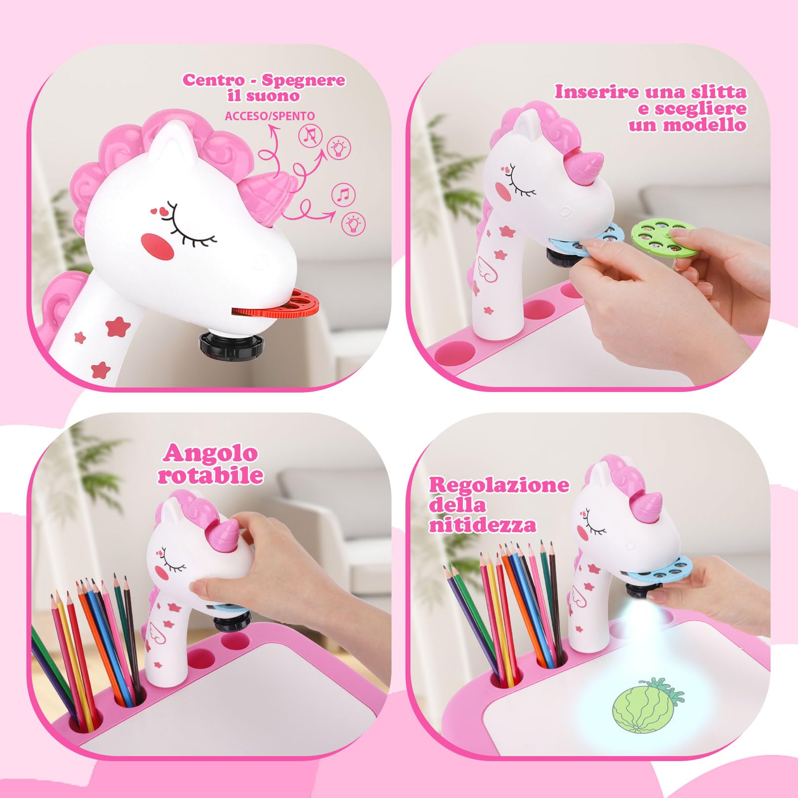 Unicorno Bambina Regalo Proiettore Disegno Bambini con 72 Motivi Giocattoli Giochi Regalo Bambina 3 4 5 6 7 Anni con Matite, Pastelli, Album per Ritagli, Album di Adesivi, Adesivi, Francobolli