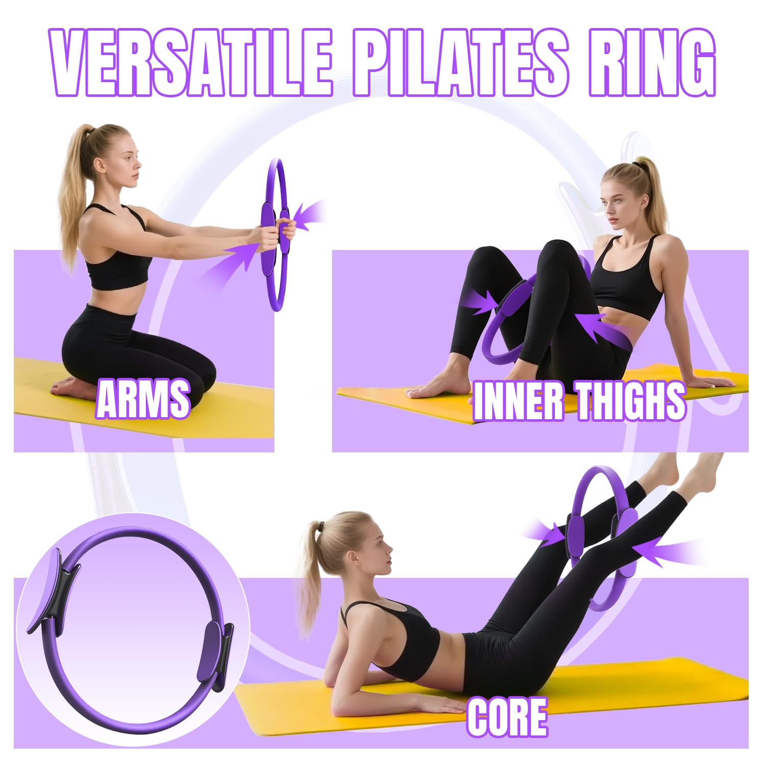 Pilates Ring Set - 6 Pièces, Anneau de Pilates, Ballon de Yoga, Bandes de Résistance, Kit Pilates pour Maison, Kits de Yoga et Pilates Accessoires, Cercle Magique de Fitness Femmes (Violet)
