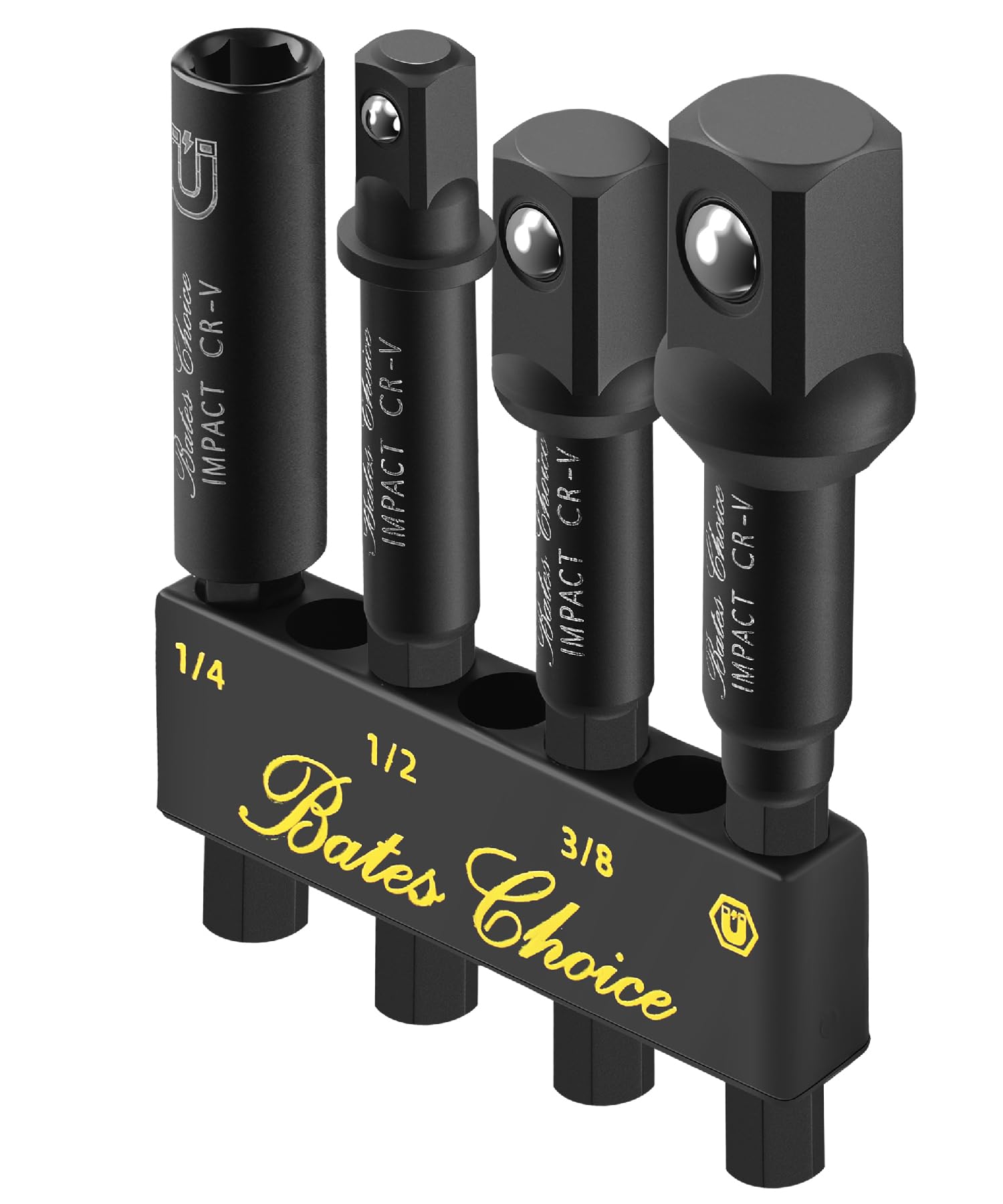 Bates- Impact Socket Adapter Set with Magnetic Bit Holder, 4 pcs, 1/4", 3/8", 1/2" Hex Shank, 3/8 Adapter for Impact Driver Socket Set, Impact Drill