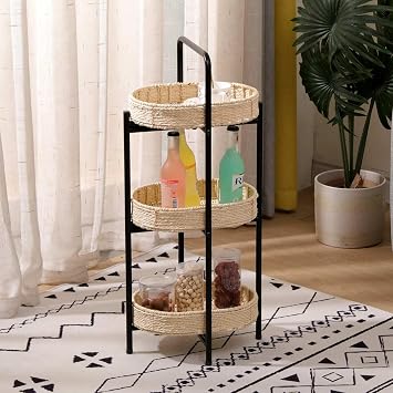 3-Tier Round Woven Storage Basket Stand with Metal Frame - Natural Handcrafted Paper Rope Organizer for Living, Bedroom & Kitchen - Farmhouse Side Table with Portable Handle, Oak