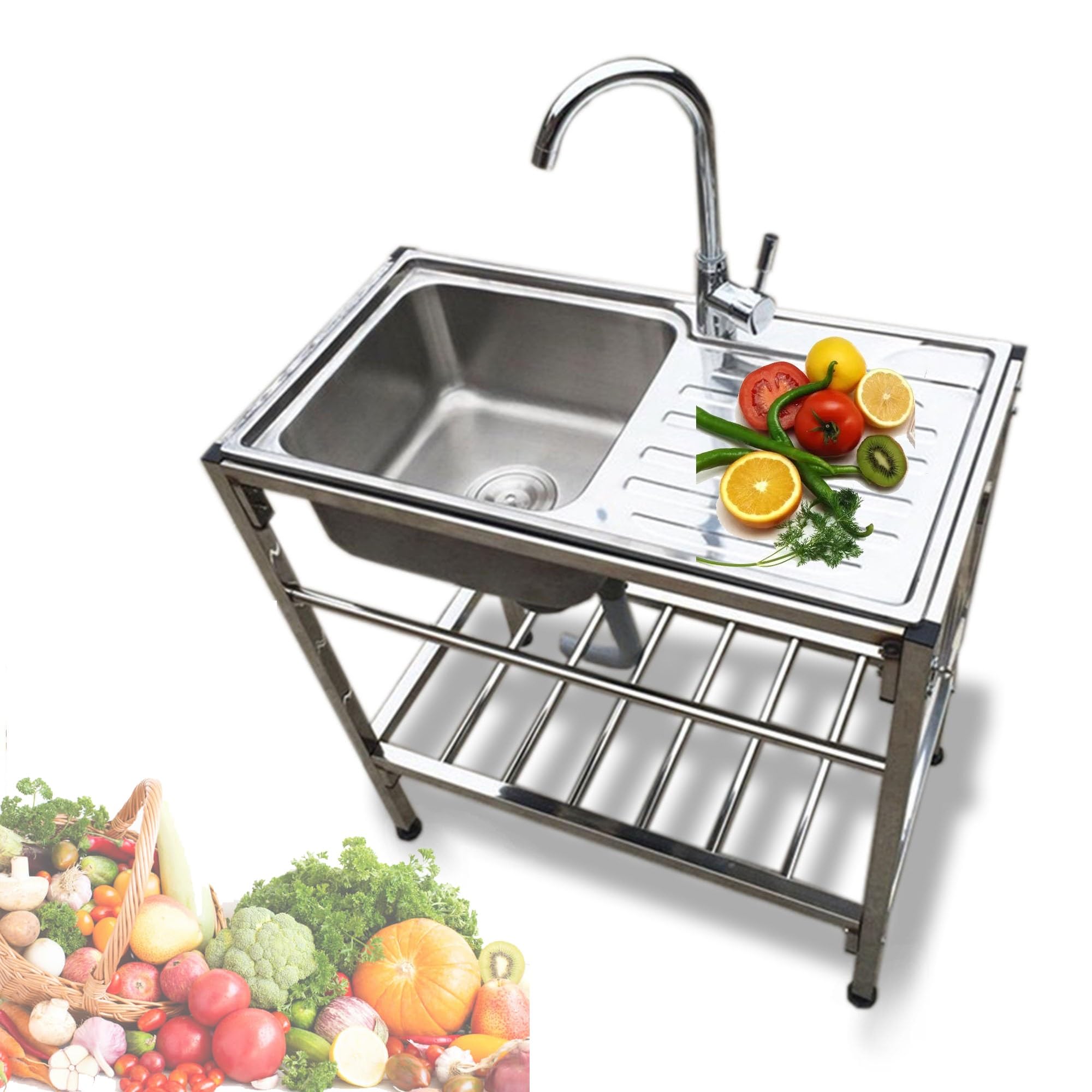 Évier de camping en inox avec plan de travail et robinet mitigeur pour cuisine d'été
