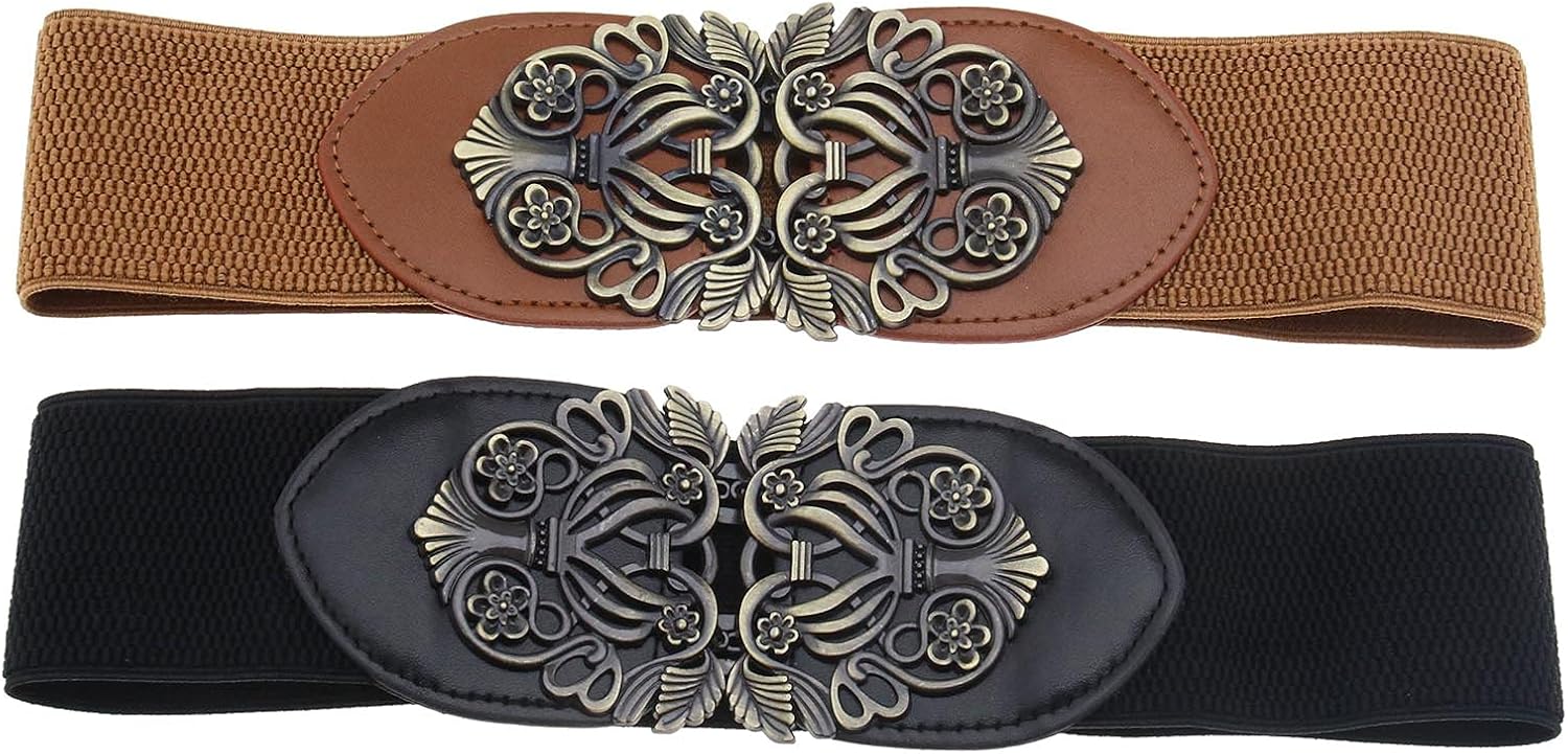 2pcs Vintage Ladies Stretch Waist Belt Cinch Waistband Alloy Polyester Black Brown for Jeans Pants Dresses Coats Jacket Tunic Blouses, Brown,black, 62x7.1cm