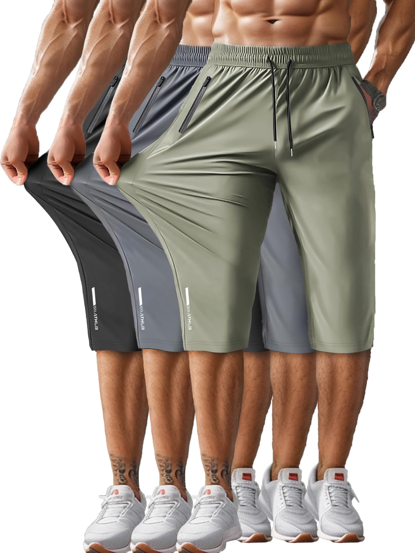Hidkat Męskie spodnie capri 3/4 joggery siłownia / trening / wędrówki poniżej kolan długie szorty lekkie szybkoschnące z kieszeniami na zamek błyskawiczny