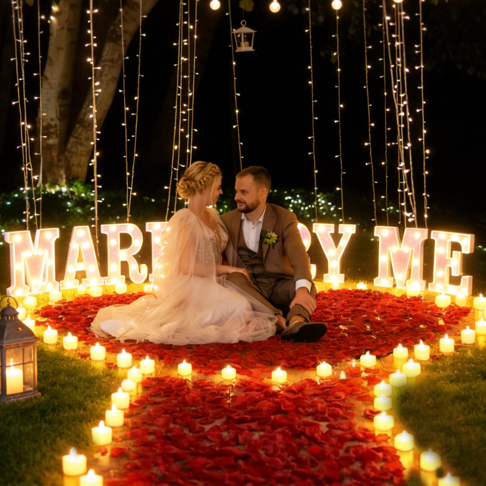 Marry Me Leuchtbuchstaben mit 2000 Künstlichen Rosenblüten,MARRY ME-Schild mit 24 flammenlosen Herzkerzen, LED Buchstabenlicht für Außenbereich Heiratsantrag Dekoration (MARRY ME)